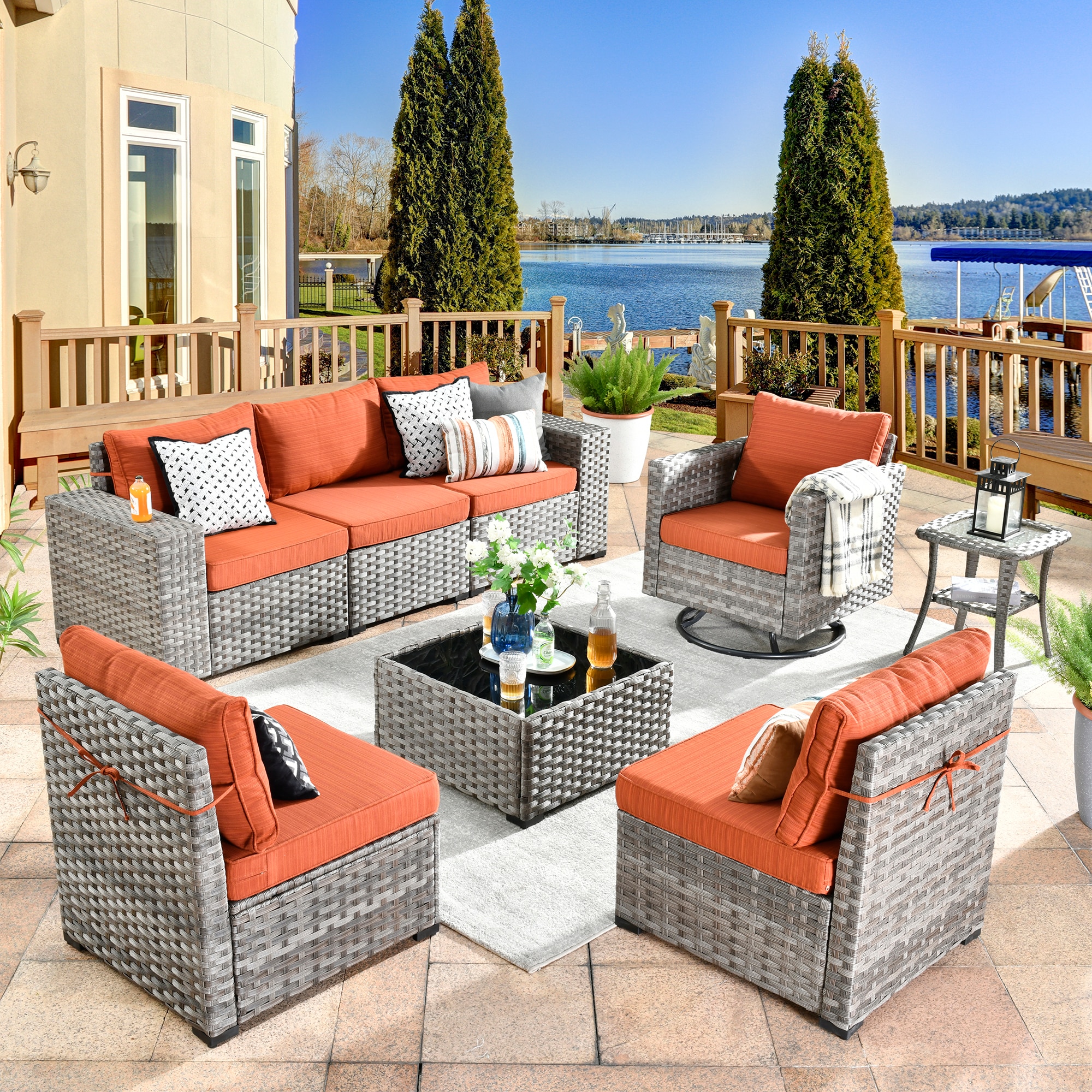 Ovios KFS800Y1 Shine Wicker Outdoor Sectional with Orange Cushions and Iron Frame