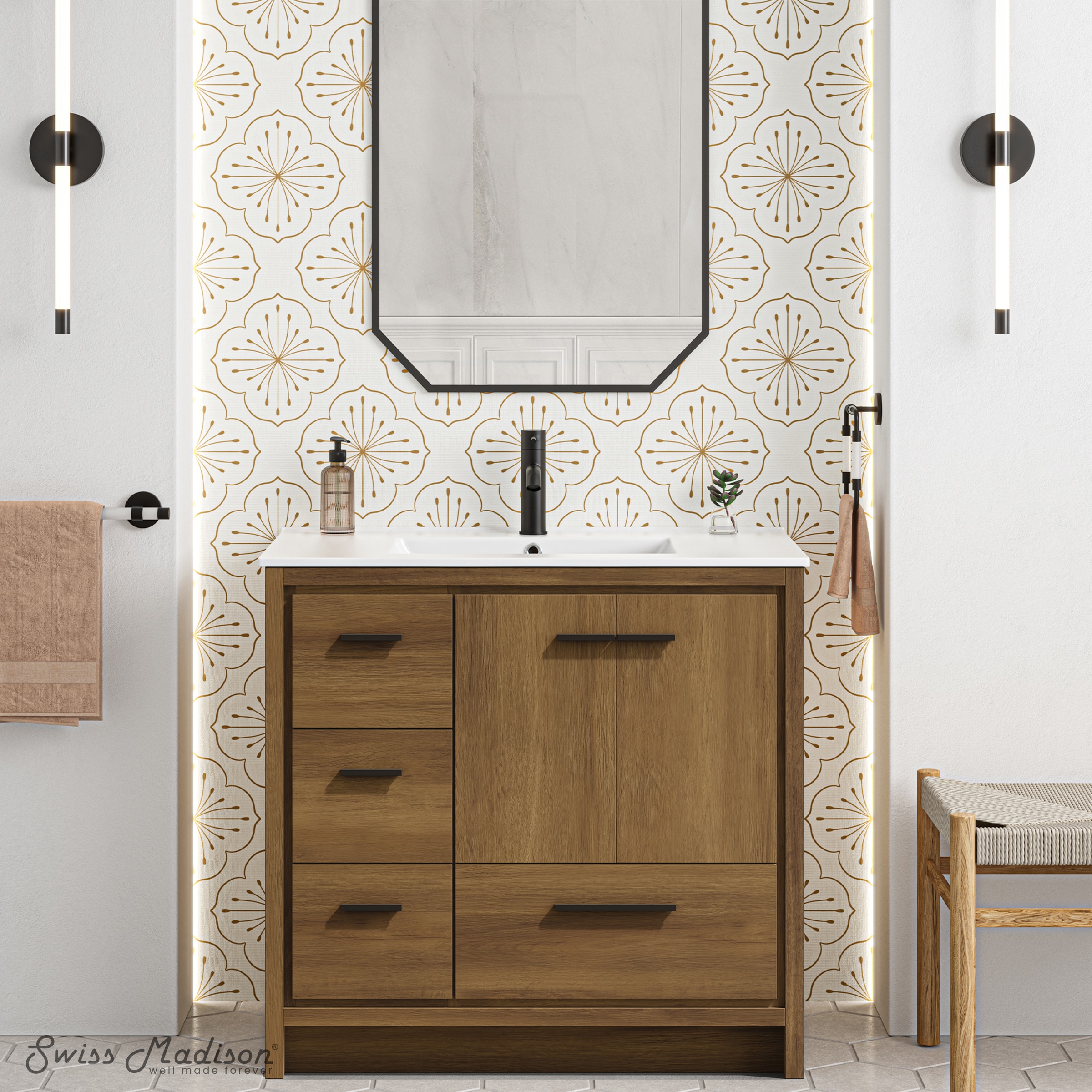 Swiss Madison Tours 36-in Brown Oak Single Sink Bathroom Vanity with White Ceramic Top