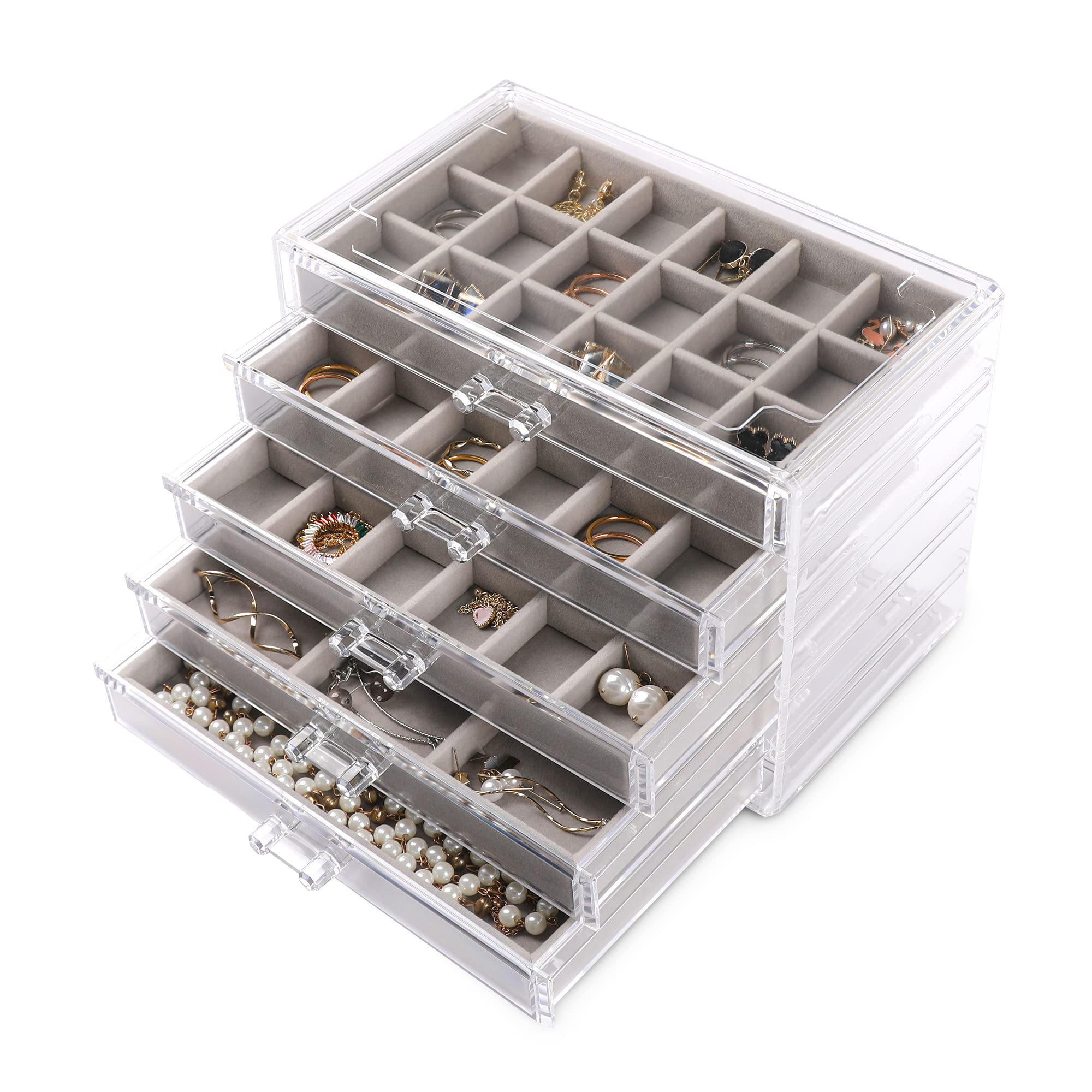 Oyezvary  Acrylic Jewelry Organizer Earring Organizer Box with 5 Drawers Earring Holder Organizer with Velvet Trays Clear Jewelry Box for Women