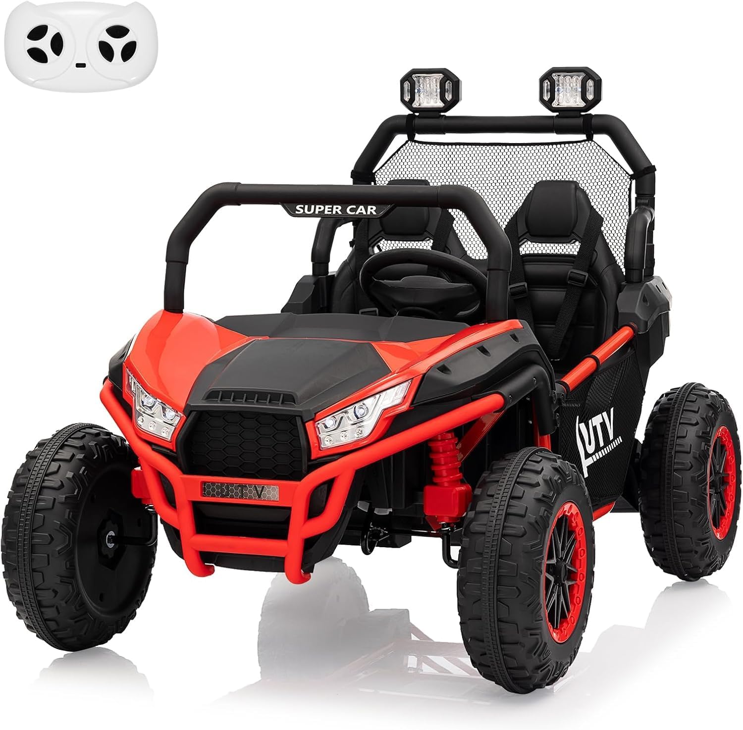 Qeetex CARPTO3336PS9N 24V 2 Seater Ride On UTV Kids Electric Car With Remote Control Bluetooth Music Led Lights Spring Suspension And Wide Seats Red