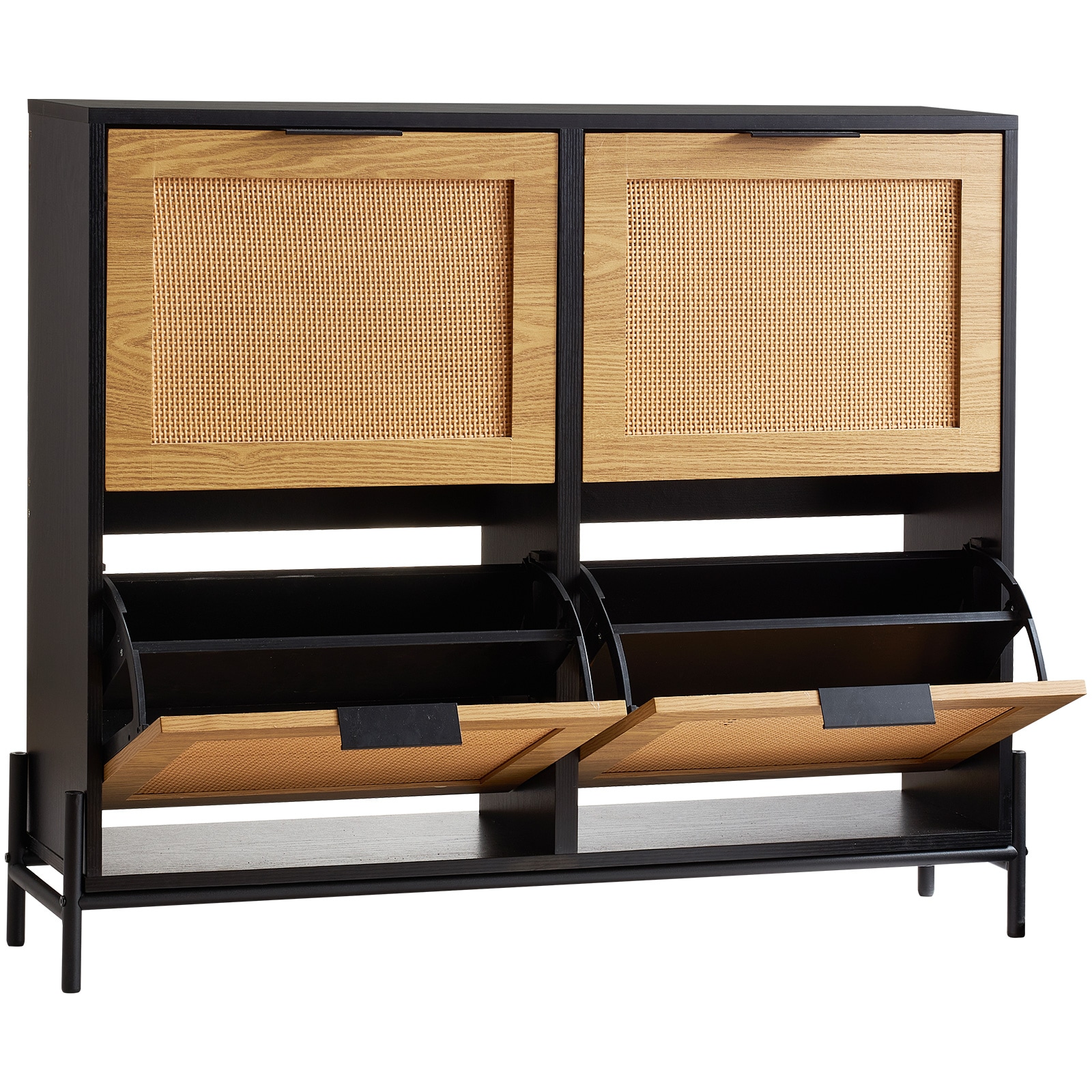 GlasFlength  Rattan Shoe Cabinet Narrow Shoe Storage Organizer with 4 Flip Drawers Slim Entryway Shoe Storage Cabinet with Metal Legs Light Wood Color for Entryway Closet and Hallway