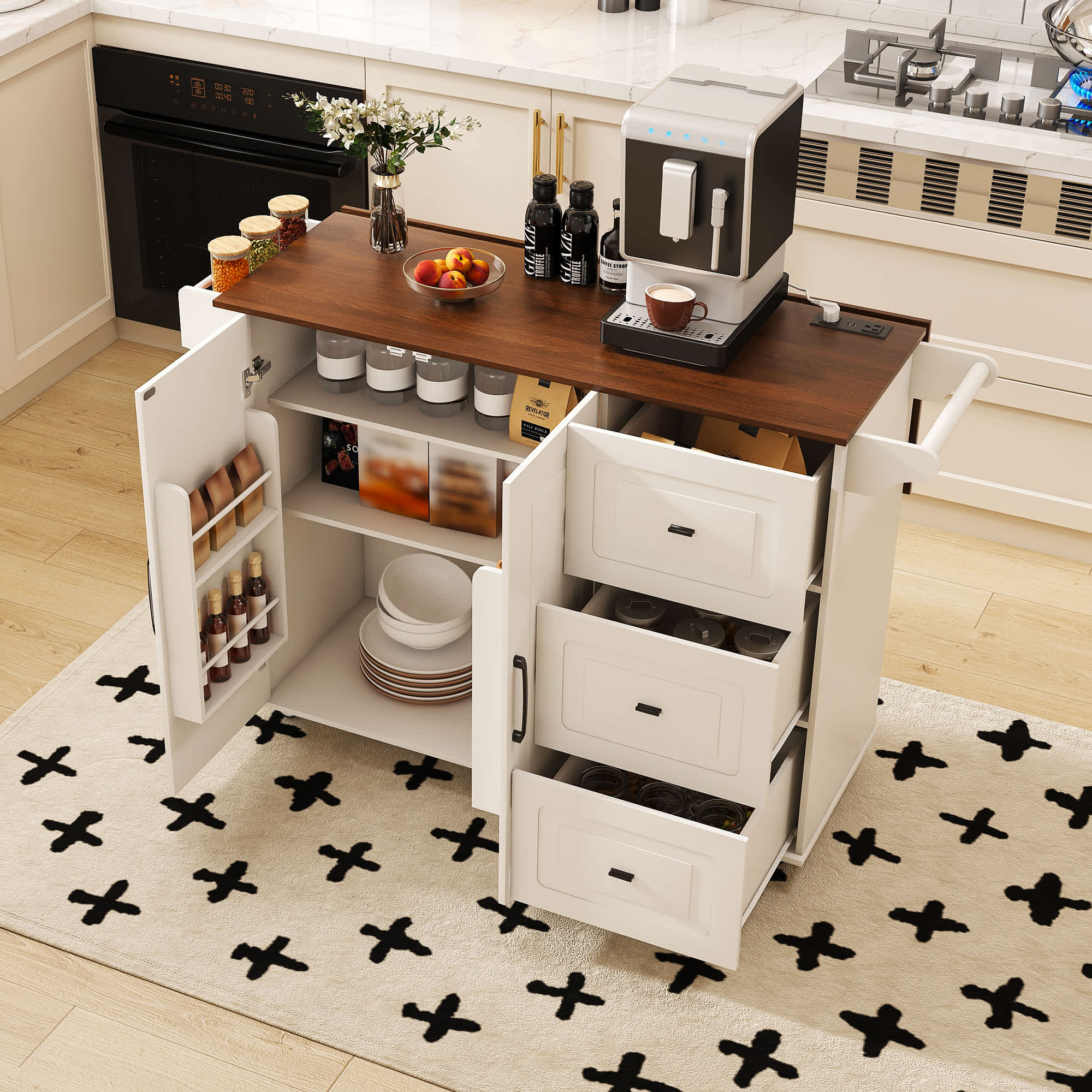 Vynxaria  Kitchen Island Cart   Foldable Drop Leaf Tabletop  Wood Top   3 Drawers  Concealed Cabinets  Spice Rack  Towel Bar  4 Casters White