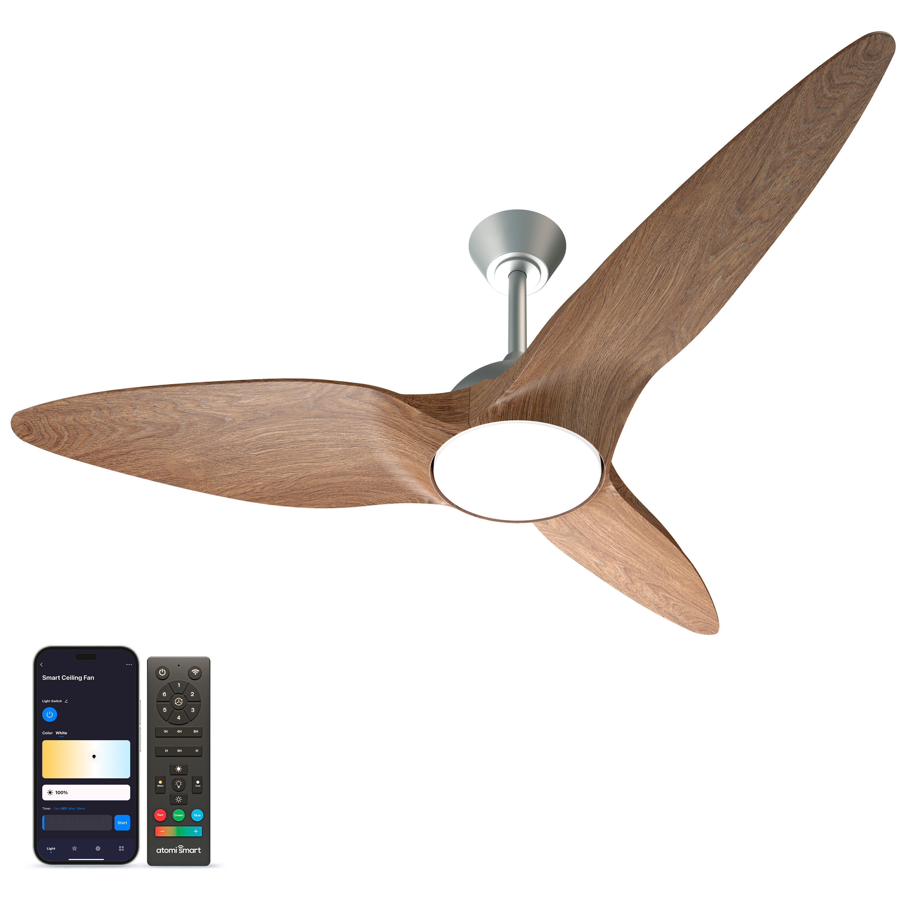 atomi smart AT2005-BS-WW Monarc 52-in Color-Changing Integrated LED Smart Brushed Silver with Walnut Wood Blades Ceiling Fan With Light - Remote Included ( 3 -Blade )