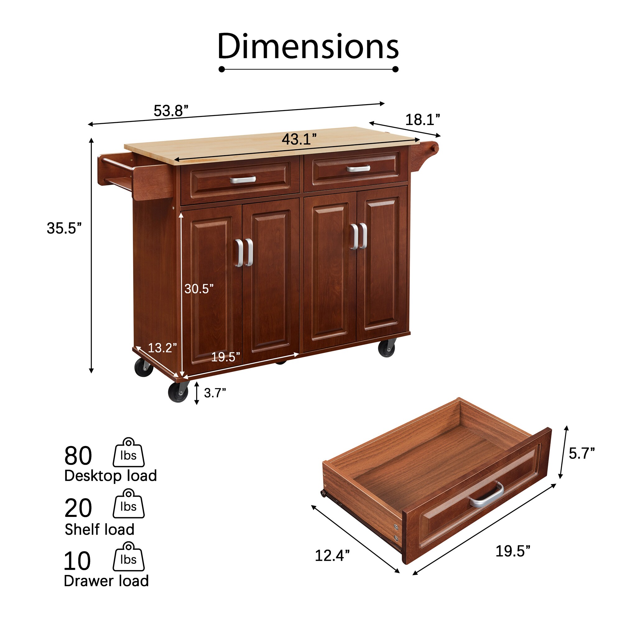 BABOOM Brown Mdf Base with Wood Top Rolling Kitchen Island (18.1-in x 53.8-in x 35.5-in)
