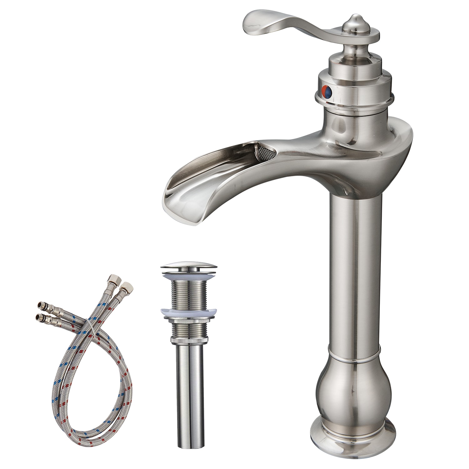 BWE A-96573H-N Brushed Nickel Vessel 1-handle WaterSense Waterfall Commercial/Residential Handle Bathroom Sink Faucet with Drain