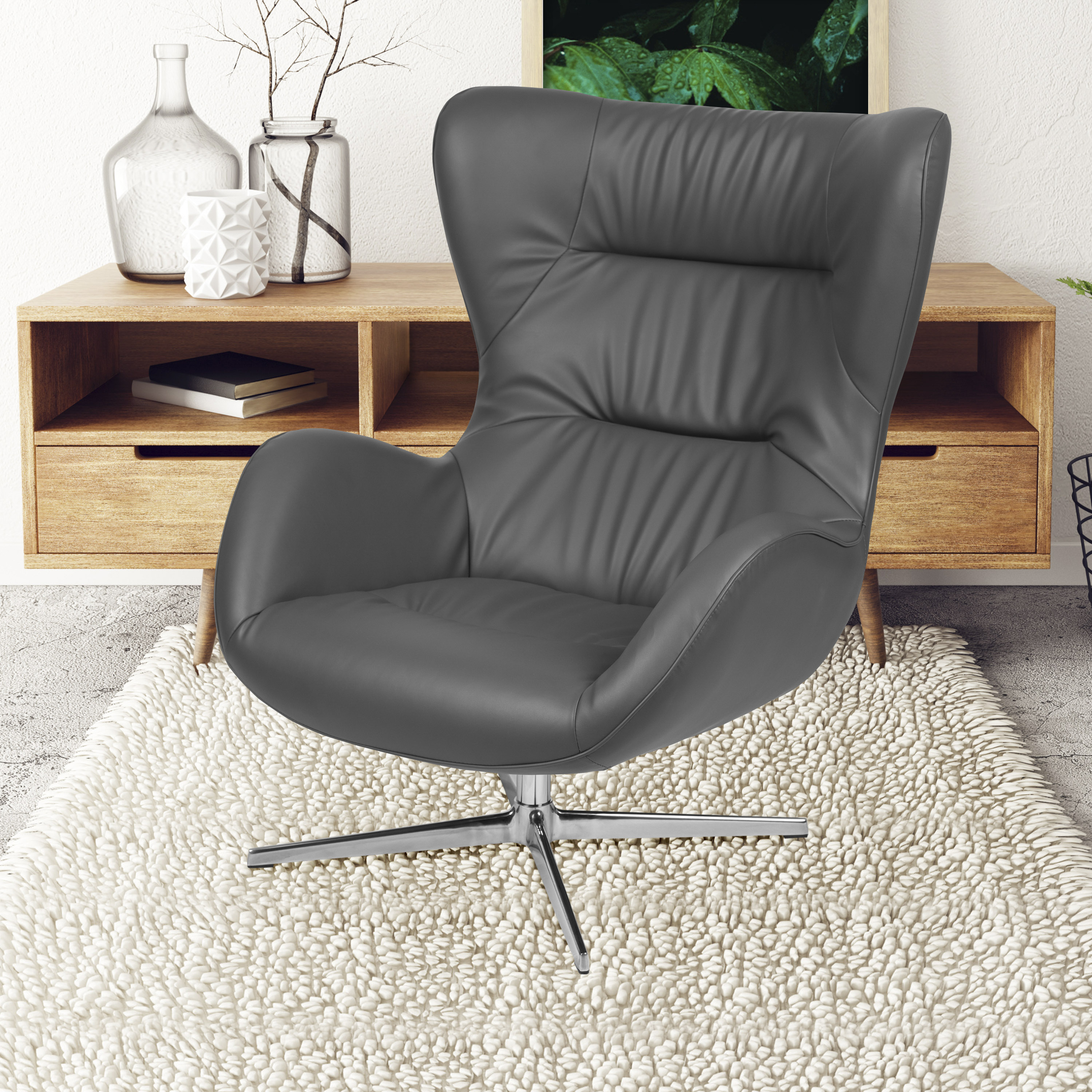 Sophisticated Gray LeatherSoft Swivel Wing Accent Chair