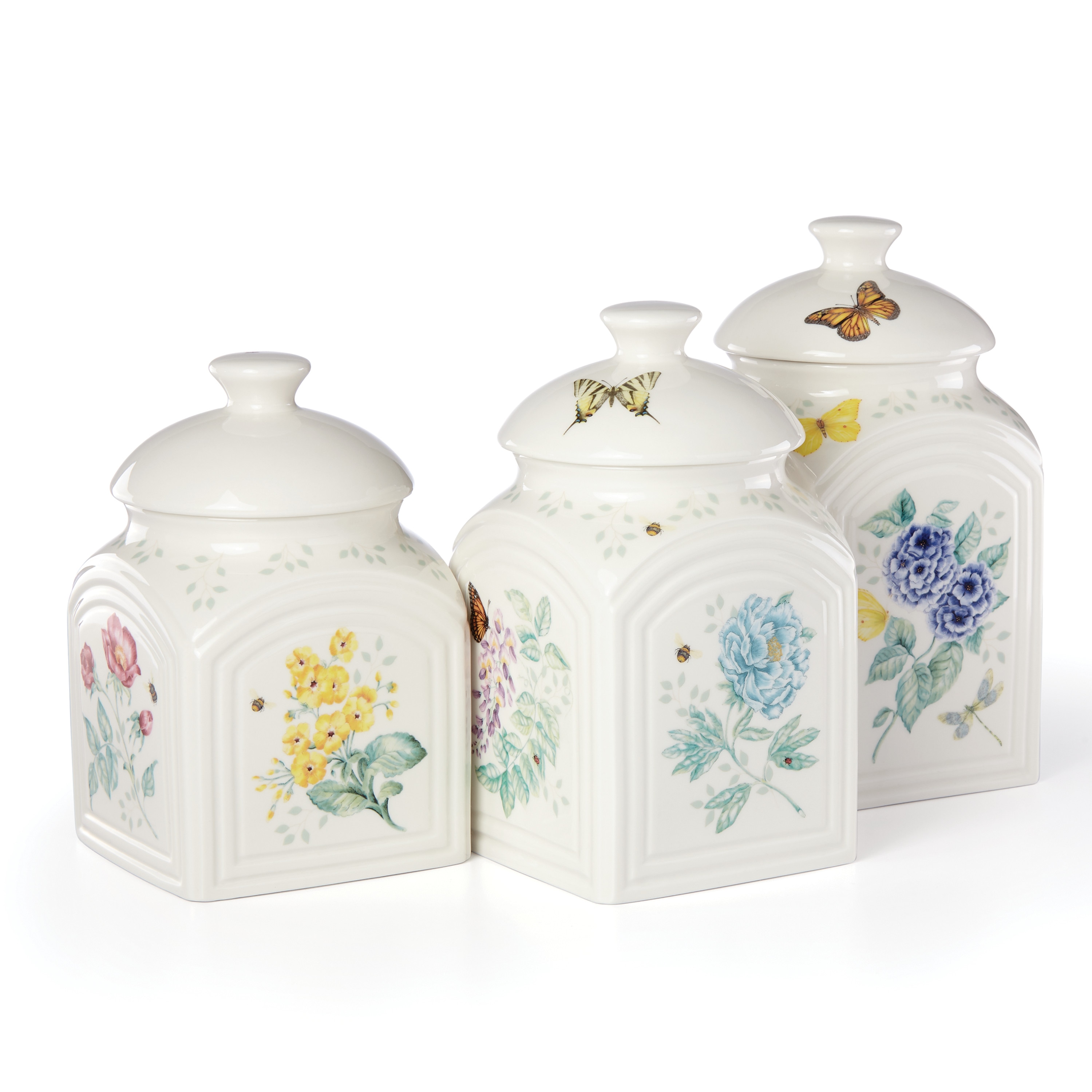 LENOX 888255 Butterfly Meadow 3 -Pack Multisize Ceramic BPA-Free Reusable Canister set with Lid