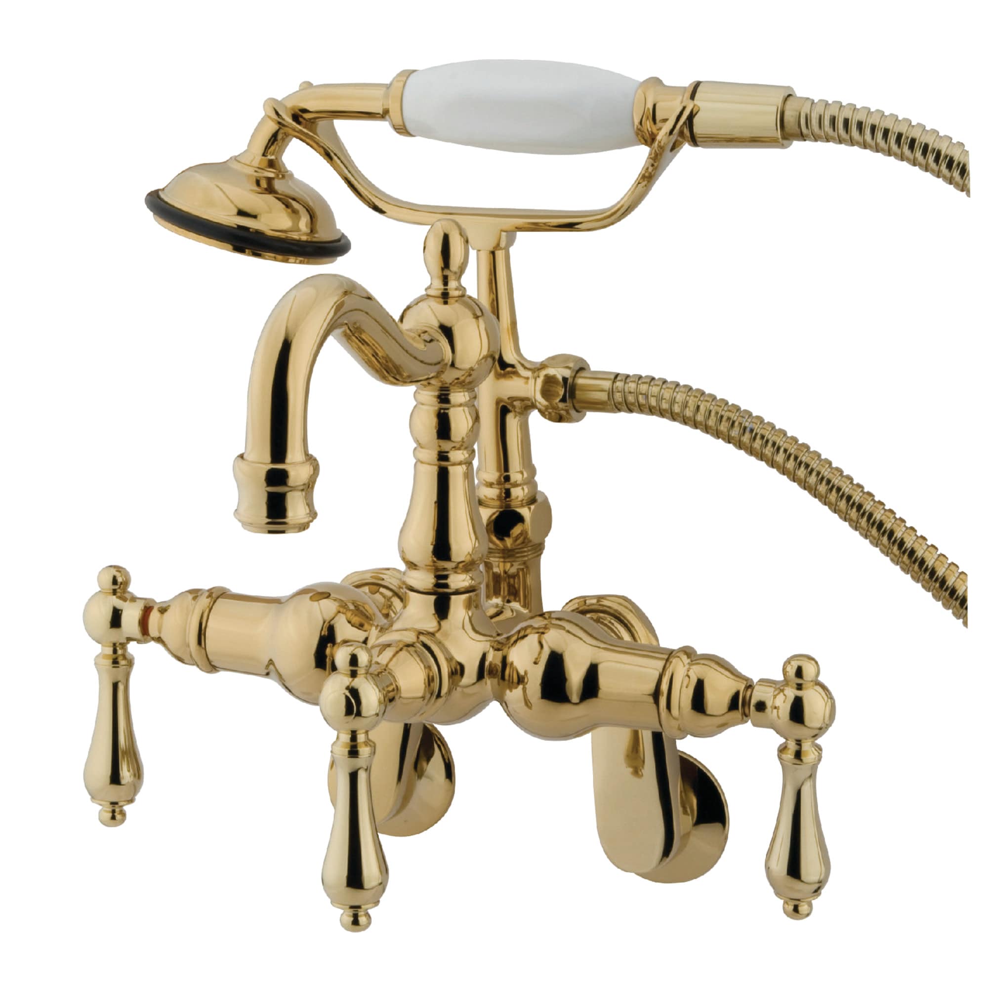 Kingston Brass WLCC1301T2 Vintage Polished brass 3-handle Wall-mount High-arc Bathtub Faucet with Hand Shower ( Valve Included )