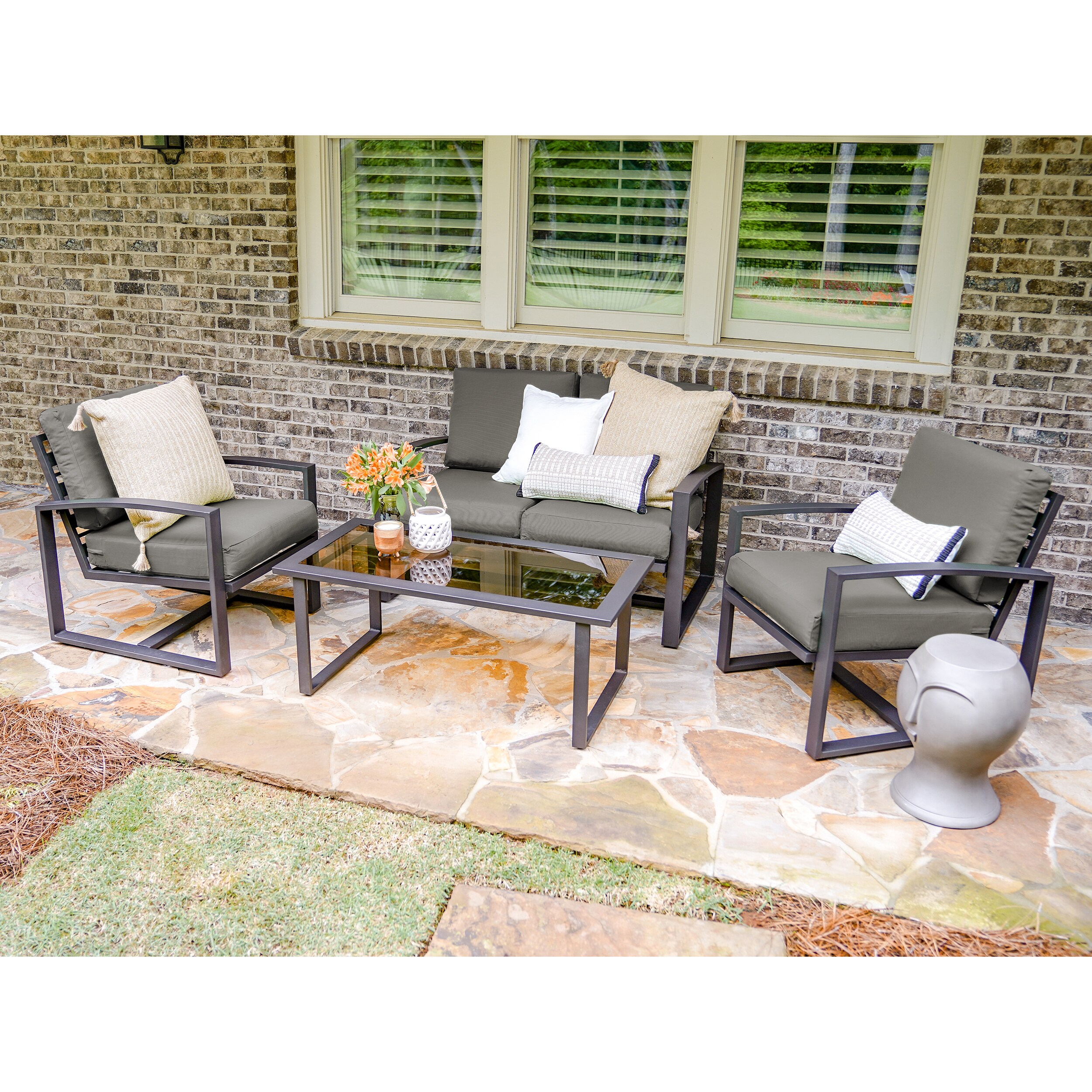 Leisure Made 967003-GRY Jasper 4-Piece Patio Conversation Set with Gray Cushions
