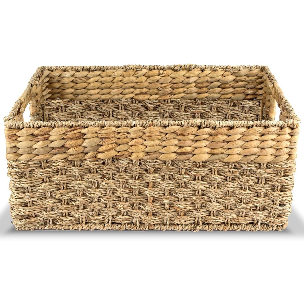 Baginizer Large Seagrass Hyacinth Wicker Storage Basket 17x11x7.5 Inch with Handles Woven for Shelves Pantry Living Room Natural #BAGINIZER000197