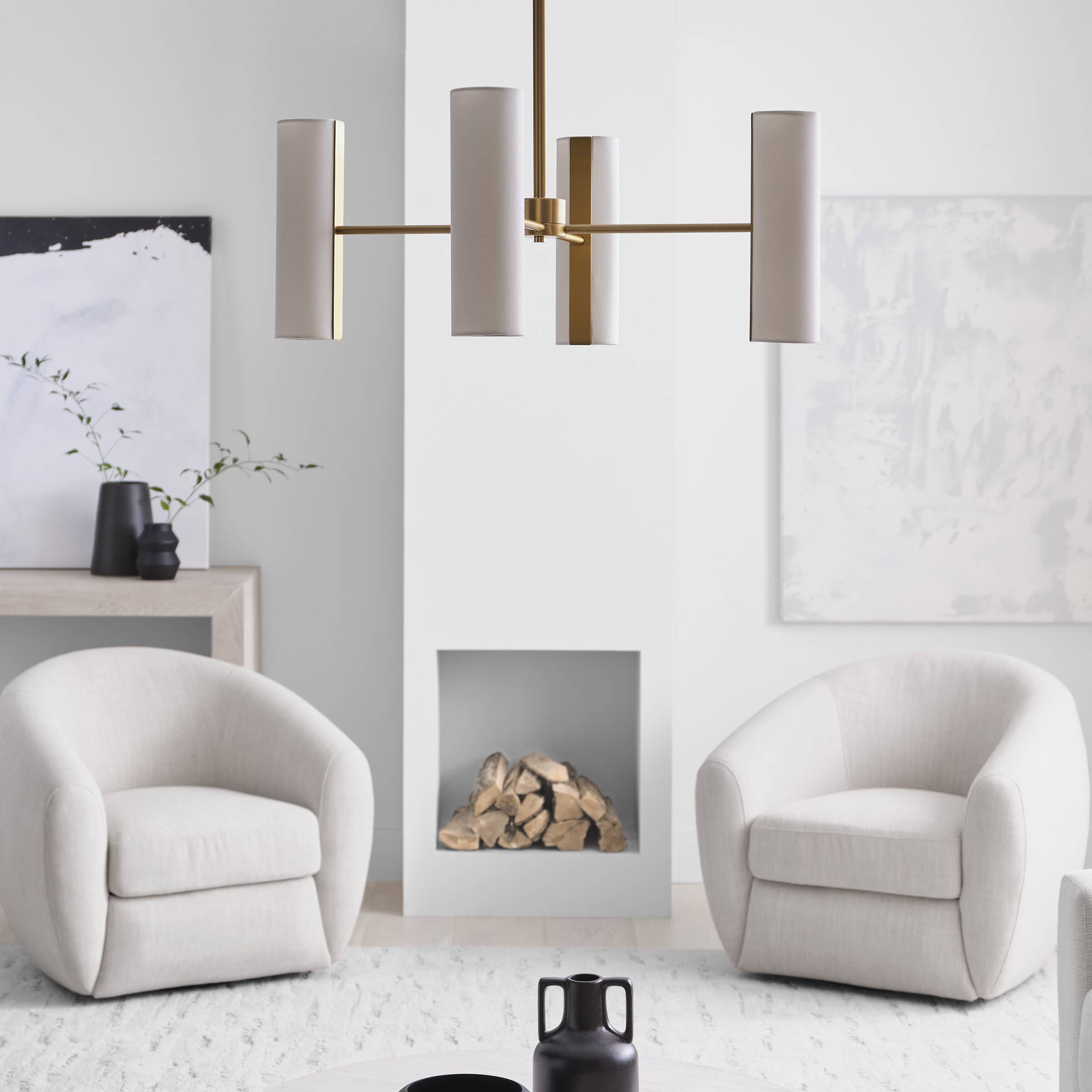 Satin Brass 8-Light Chandelier with White Linen Shades