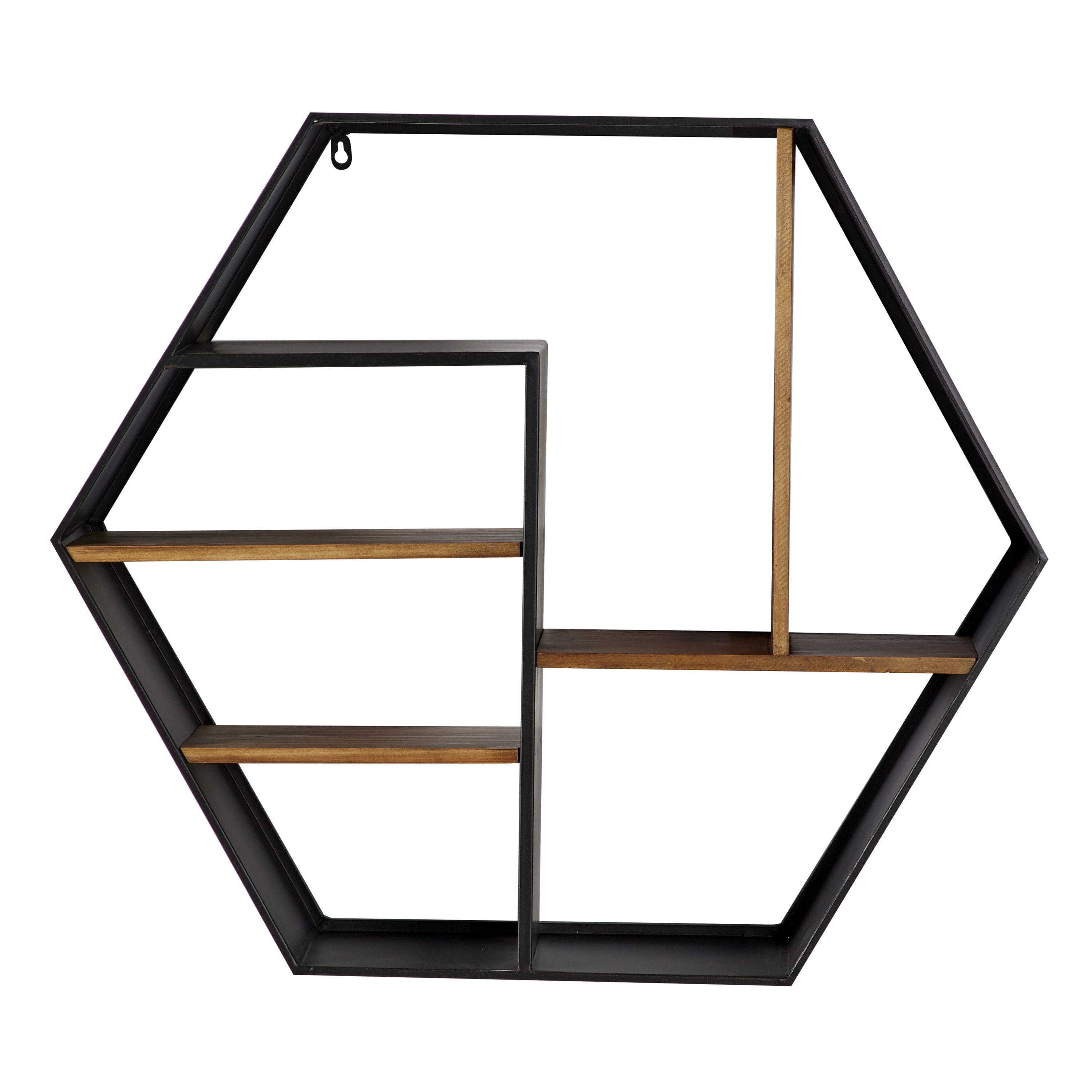 Saltoro Sherpi Wooden Wall Shelf and Hangers with Hexagonal Metal Frame,  Black and Brown