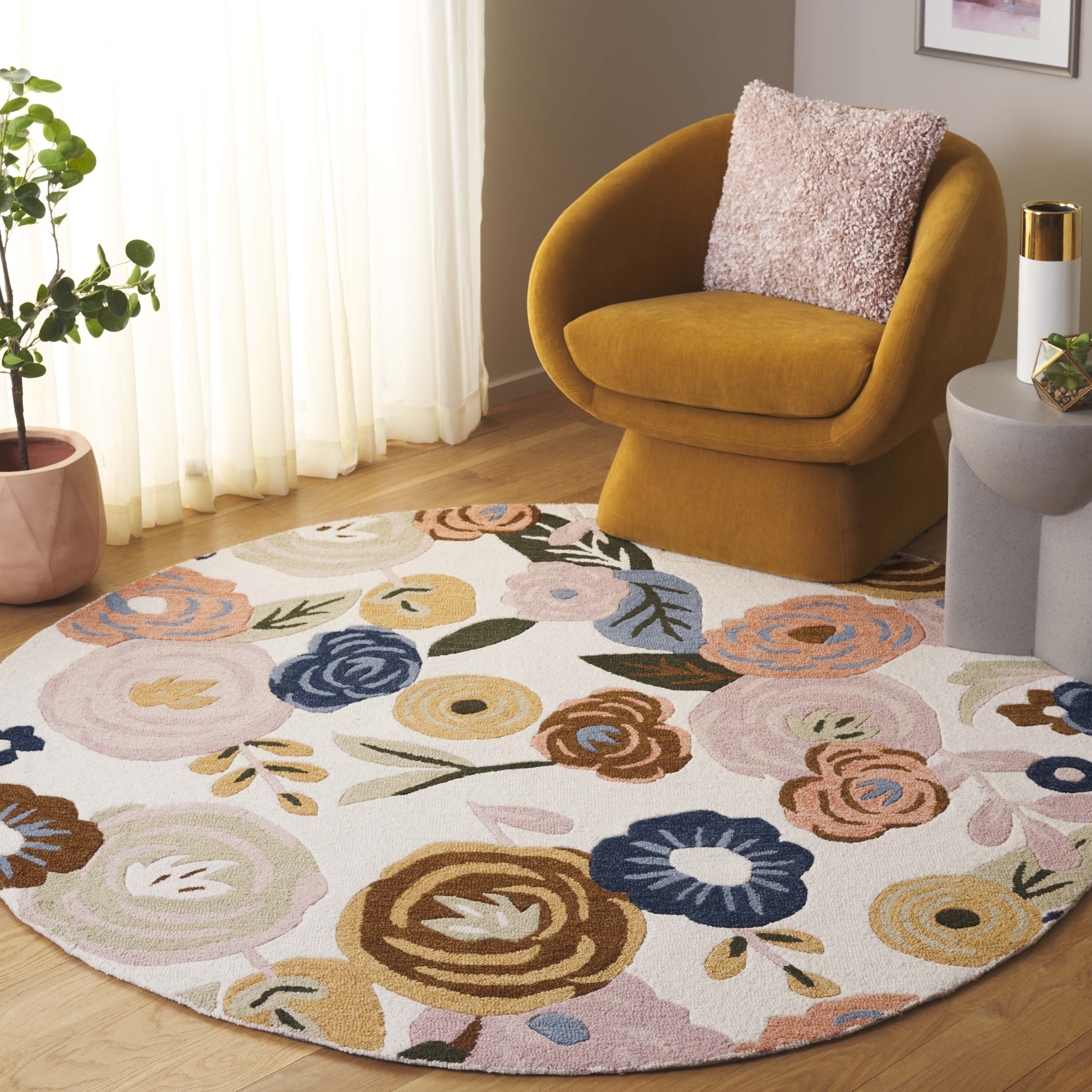  Chelsea Hooked Rug 213 Ivory/Pink Country Floral 6ft x 6ft Round Rug