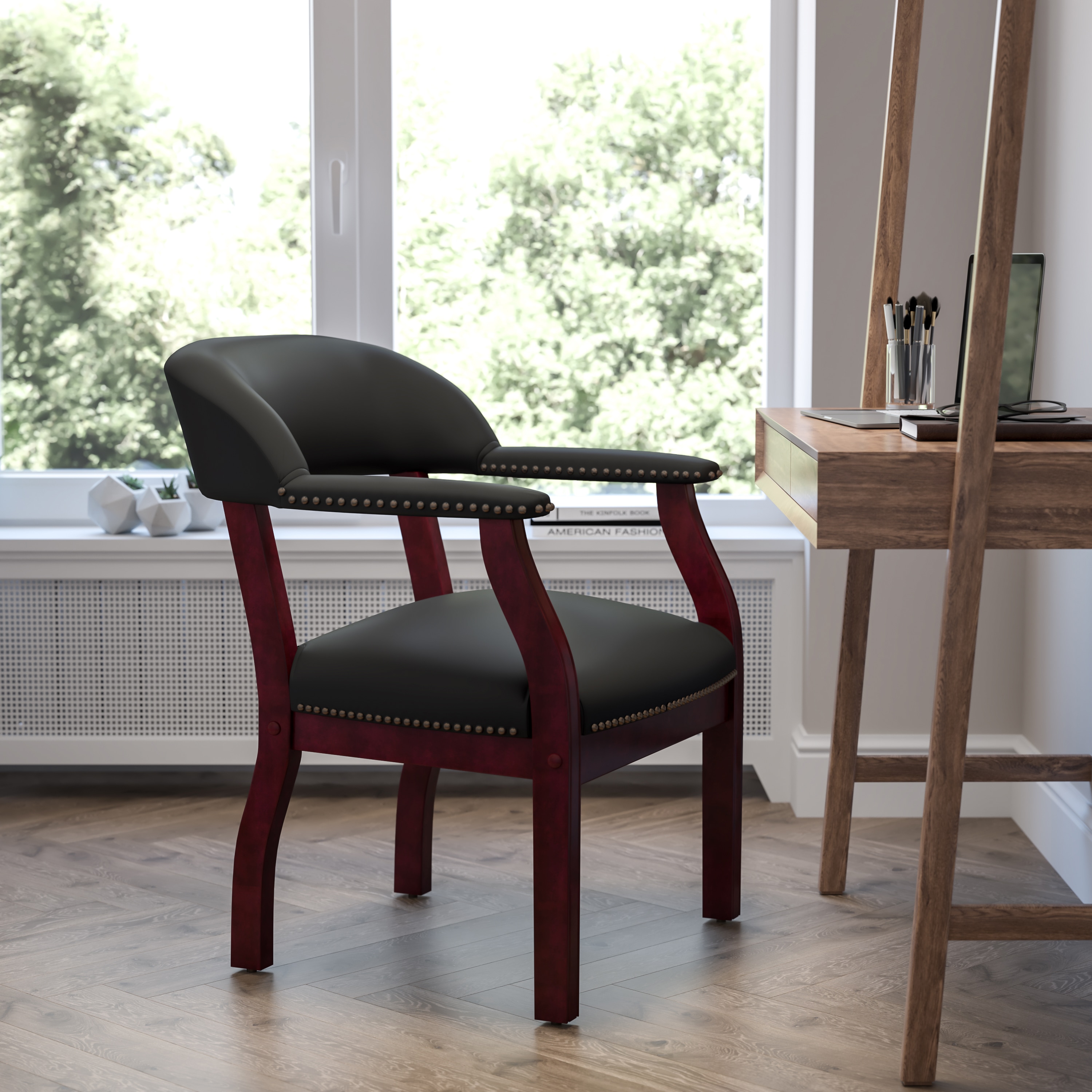 Elegant Black Vinyl and Wood Office Chair with Brass Nail Trim
