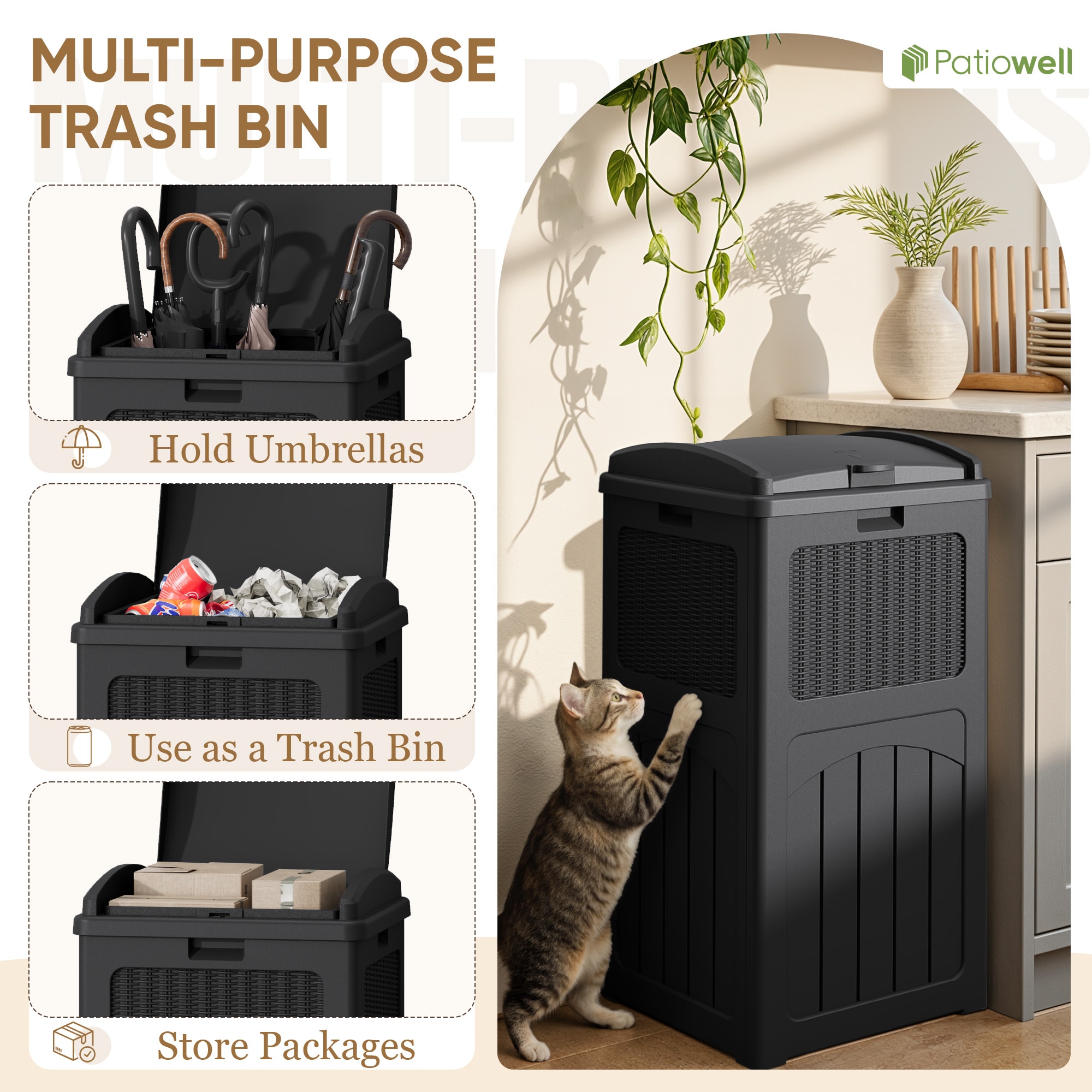 Patiowell 35 Gallon Black Plastic Commercial Outdoor Hinged Lid