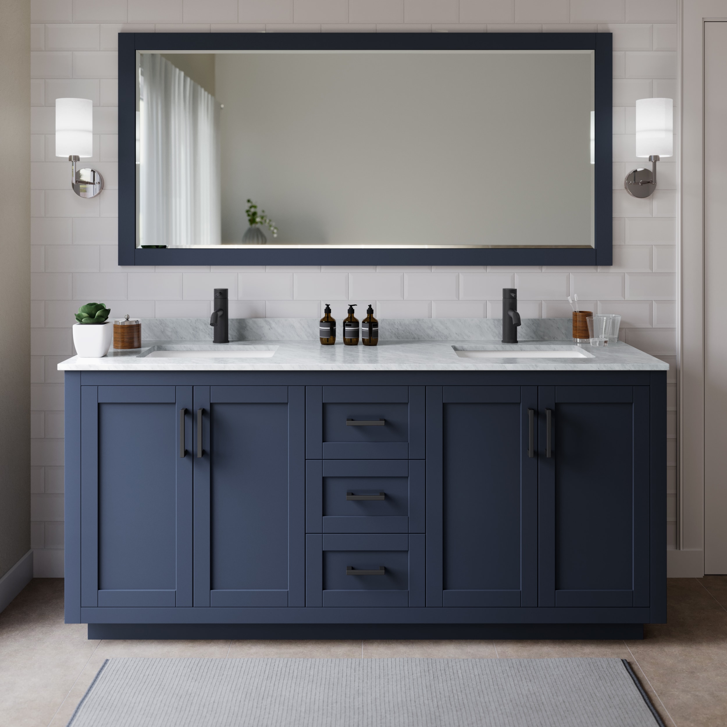 Wyndham Collection WCF292972DBBCMUNSMXX Miranda 72-in Dark Blue with Matte Black Trim Undermount Double sink Bathroom Vanity with White Carrara Marble Marble Top