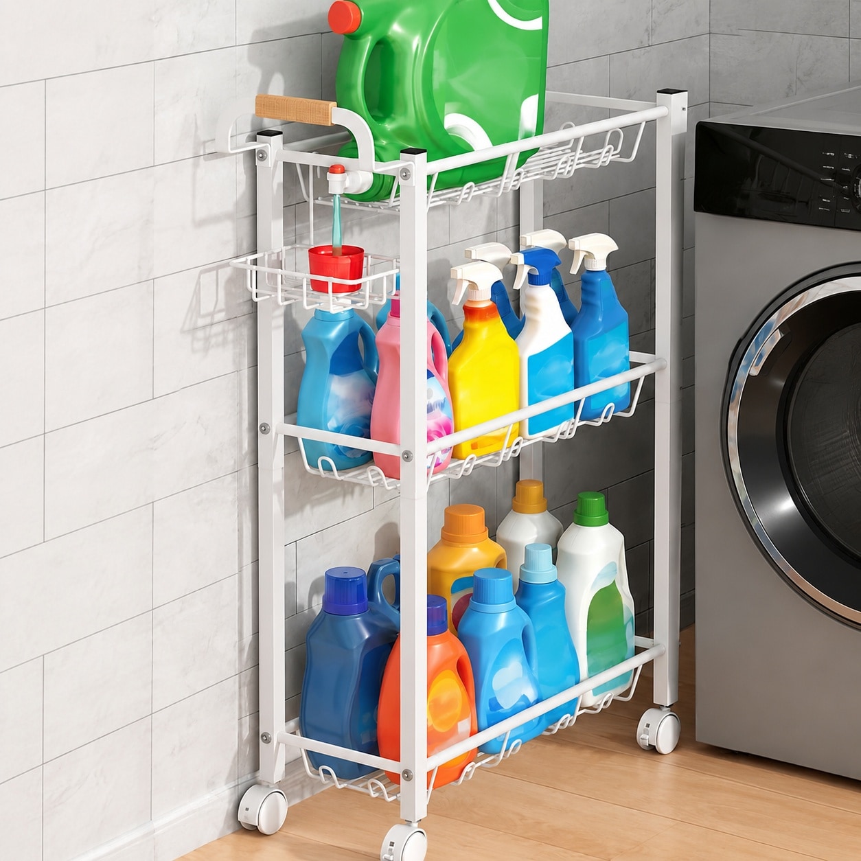 CYIKE  Laundry Room Cart with Top Detergent Holder Metal Rolling Storage Cart Between Washer and Dryer 3 Tier Narrow Laundry Room Organization