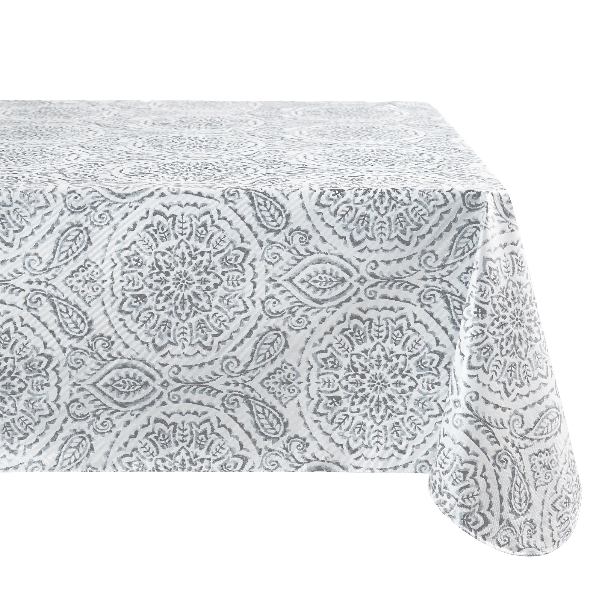 Elrene Home Fashions 194590058227 Savannah Boho Paisley Printed Vinyl 60"x102" Indoor/Outdoor Gray Table Cover for 6-ft rectangle