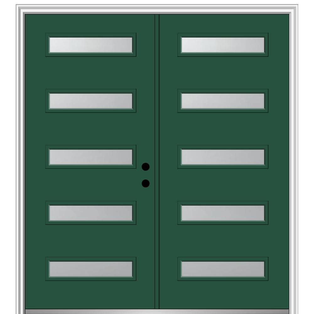 MMI DOOR ZZ350521L Spotlights 72-in x 80-in x 6-9/16-in Fiberglass Pulse lite Left-hand inswing Hunter Green Painted Prehung Double Front Door with Brickmould Insulating core