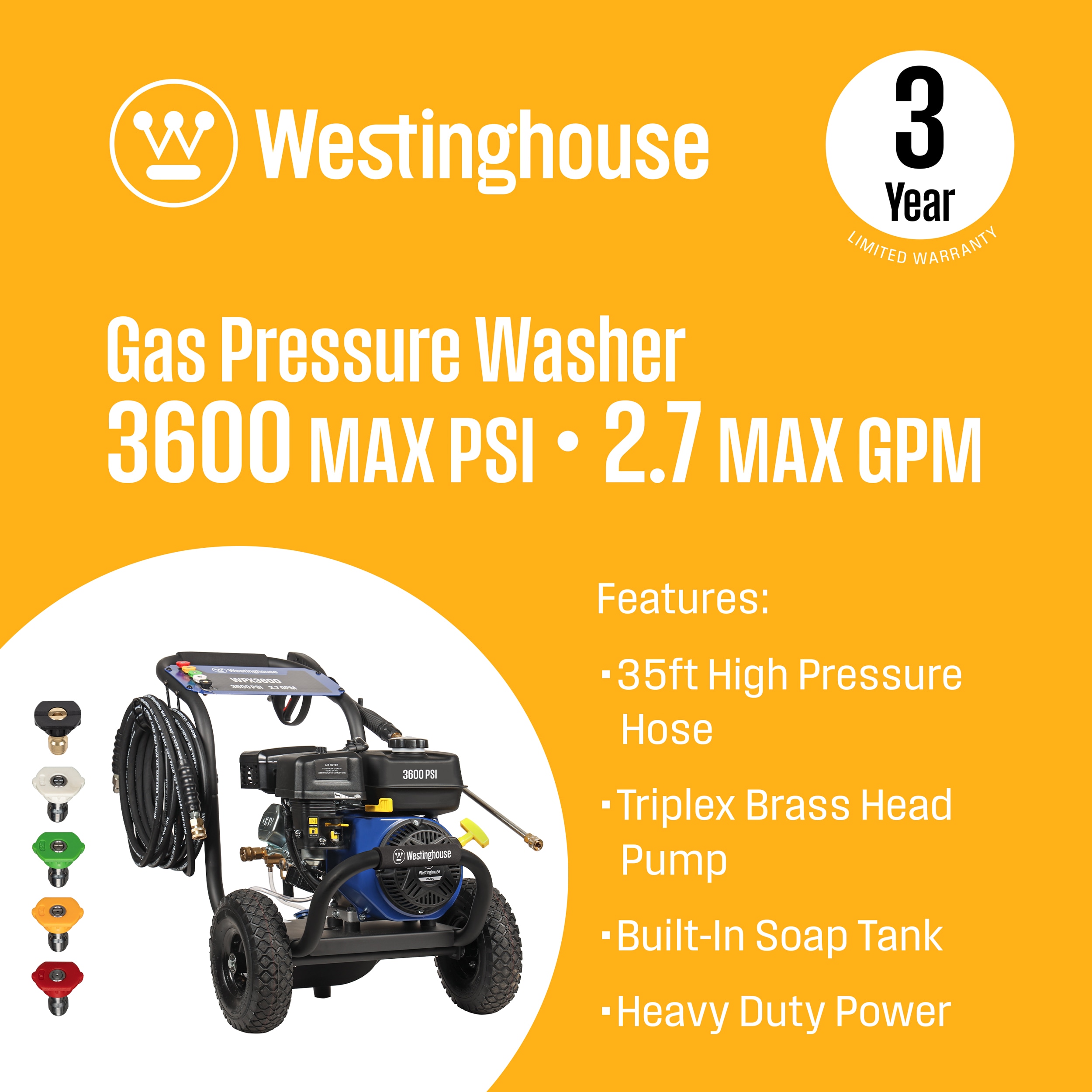 Westinghouse WPX3600 5 Included Nozzles Heavy Duty 3600 PSI 2.7-GPM Cold Water Gas Pressure Washer with 5 Spray Tips WPX3600 Sansujyuku sansujyuku.com