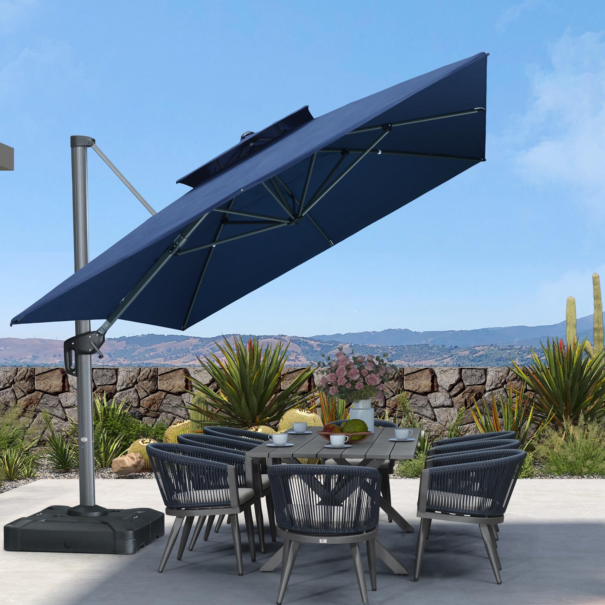 PURPLE LEAF LS04DHRC1013-SB-NBWB 13-ft Aluminum Navy Crank Cantilever Patio Umbrella with Base