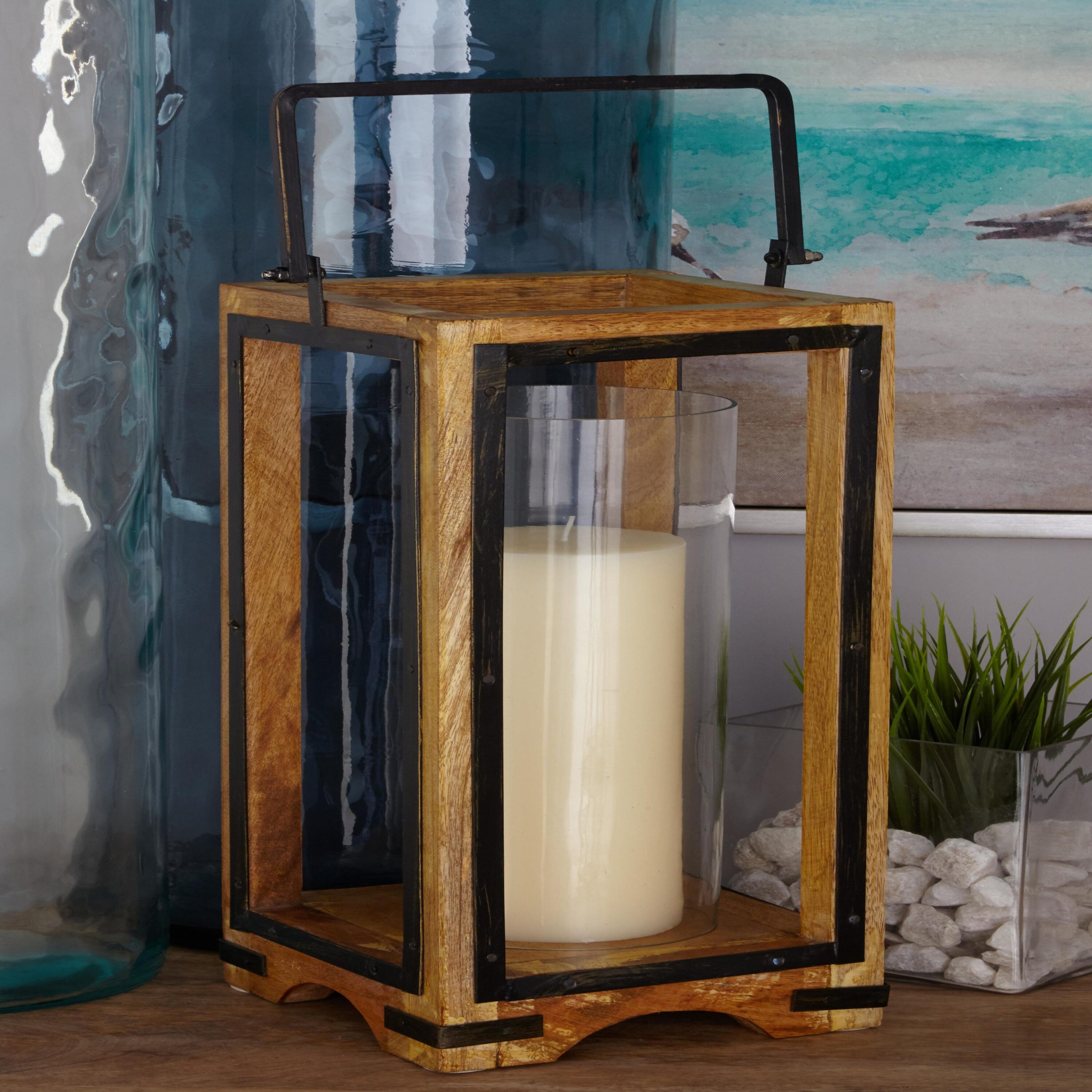 Elegant Wood and Glass Hurricane Candle Lantern, 26" Brown