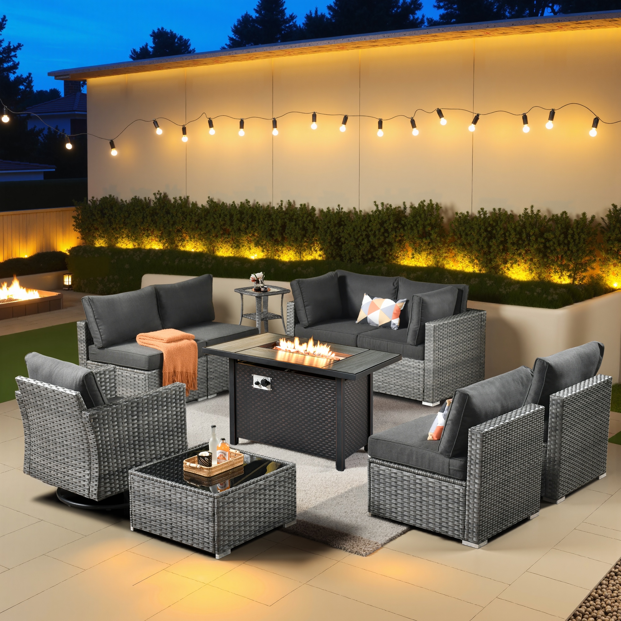 Pouuin SCFPGRSHOP100-10 Wicker Outdoor Sectional with Black Cushions and Wicker Frame