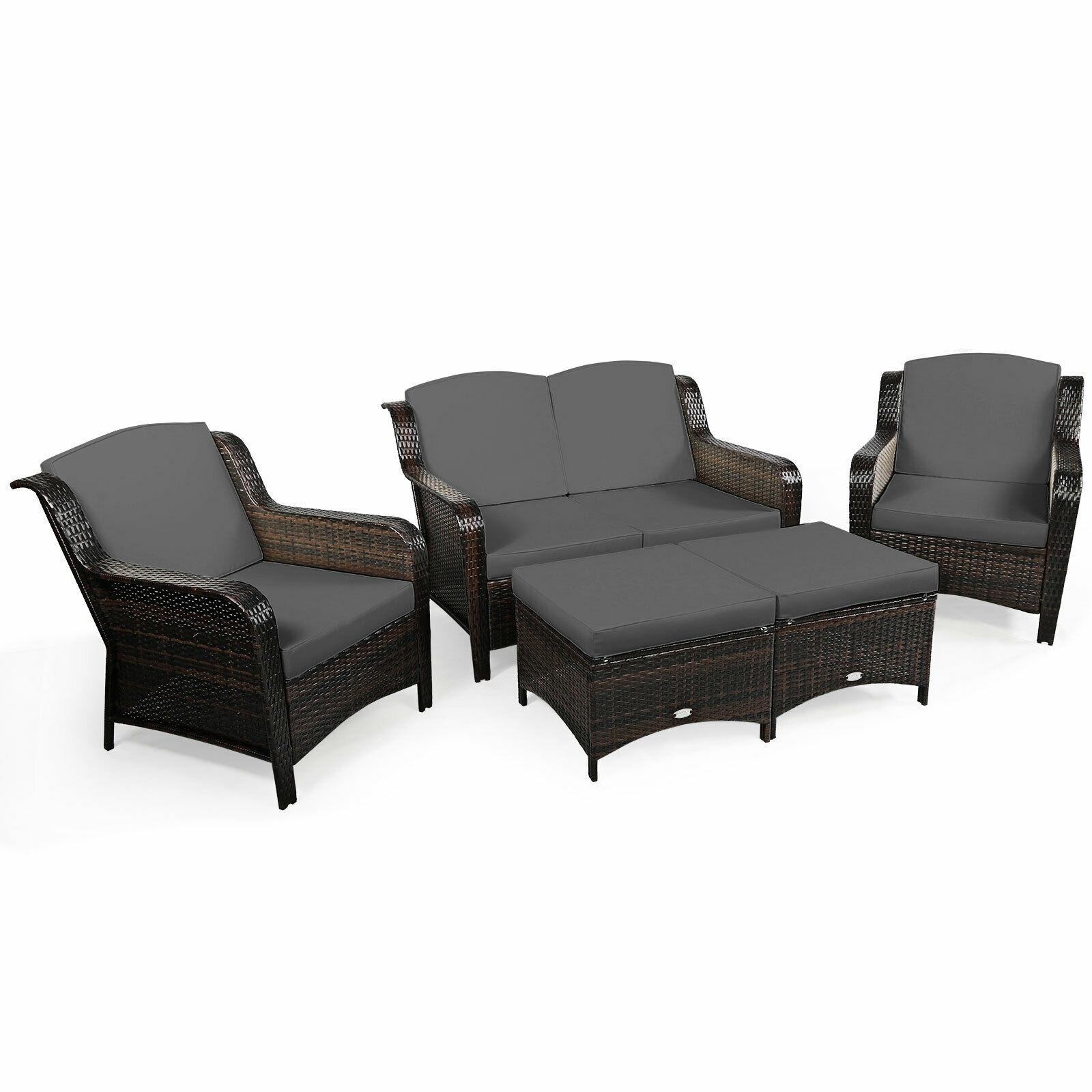 BABOOM BOM-702AGR+-CO 5 -Piece Rattan Patio Conversation Set with Gray polyester Cushions