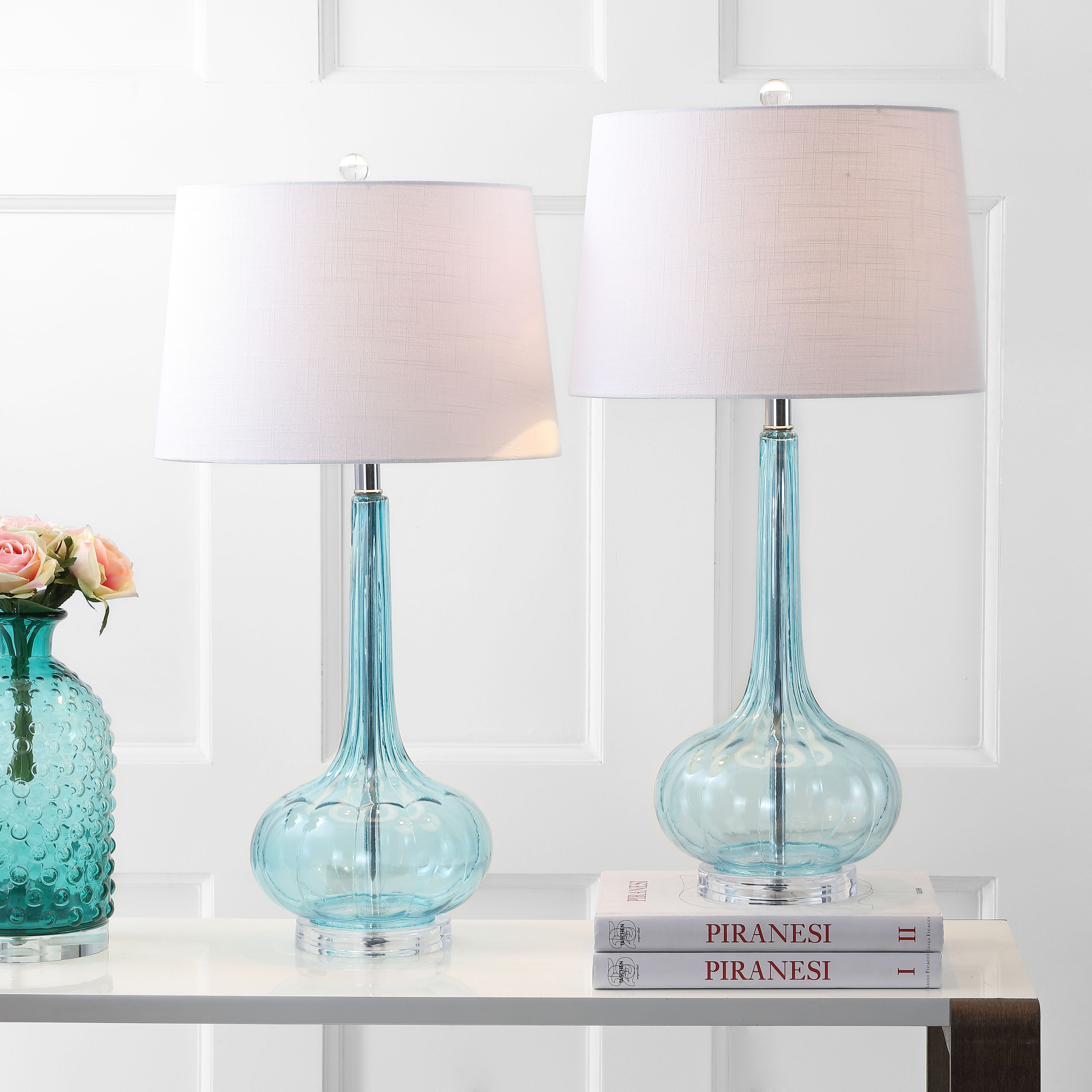 JONATHAN  Y JYL1079B-SET2 Bette Glass Teardrop Contemporary/Transitional 28.5-in Aqua LED Incandescent Rotary socket Table Lamp with Linen Shade 2 -Set