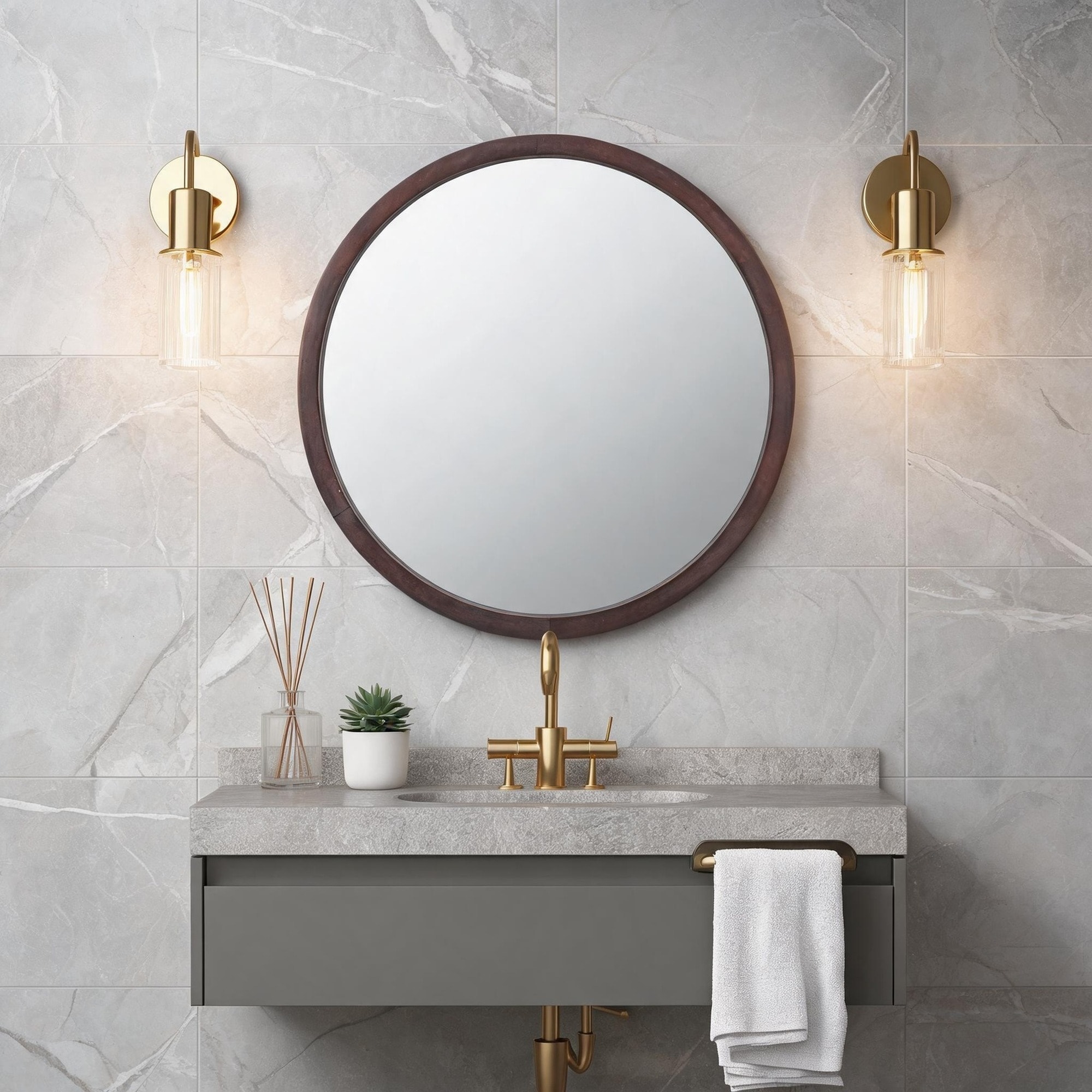 IAK 20 inch x 20 inch Walnut Finish Wooden Frame Circle Wall Mirror with Minimalist Design