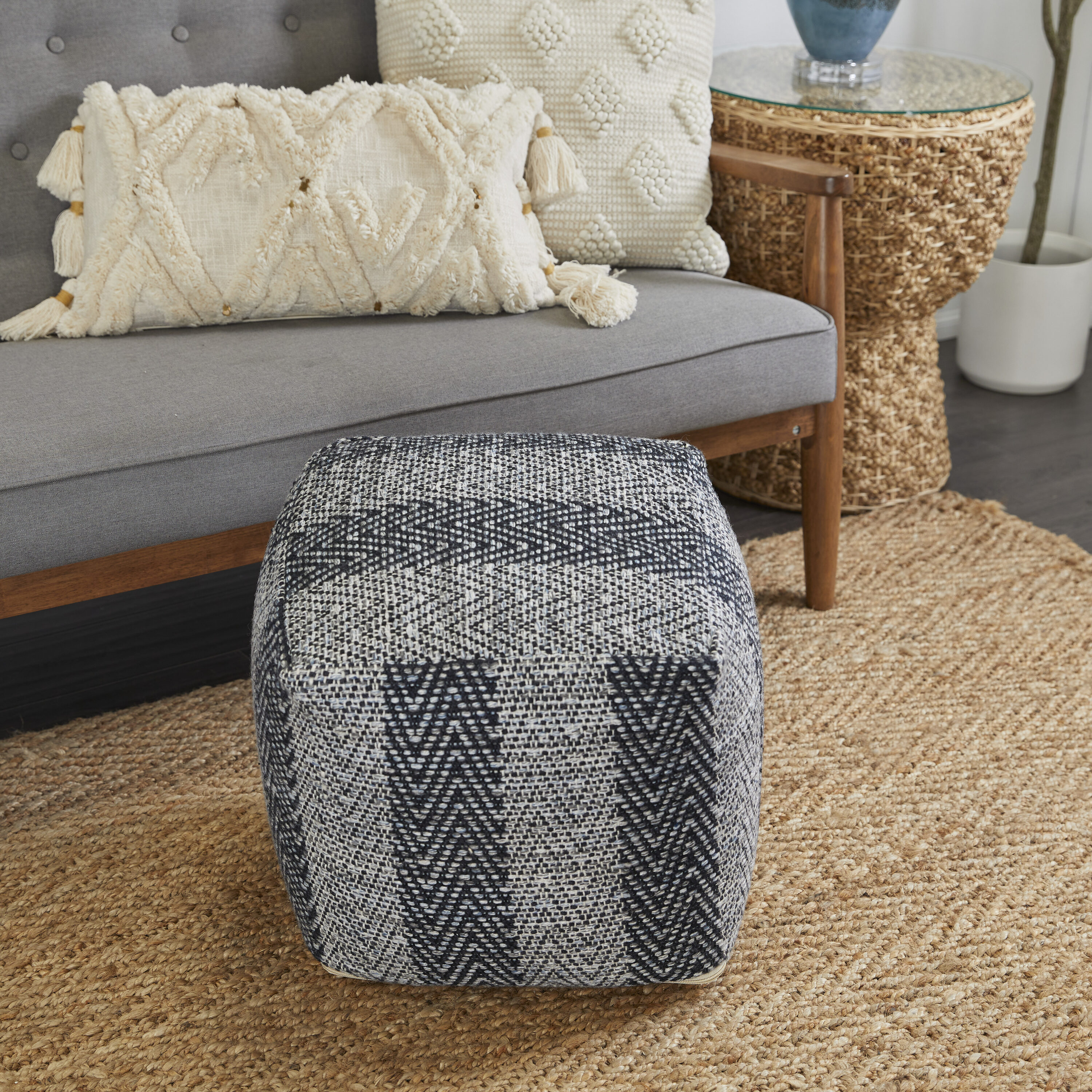 Grayson Lane Eclectic Gray Moroccan with White Stitching Genuine Leather  Round Ottoman in the Ottomans & Poufs department at