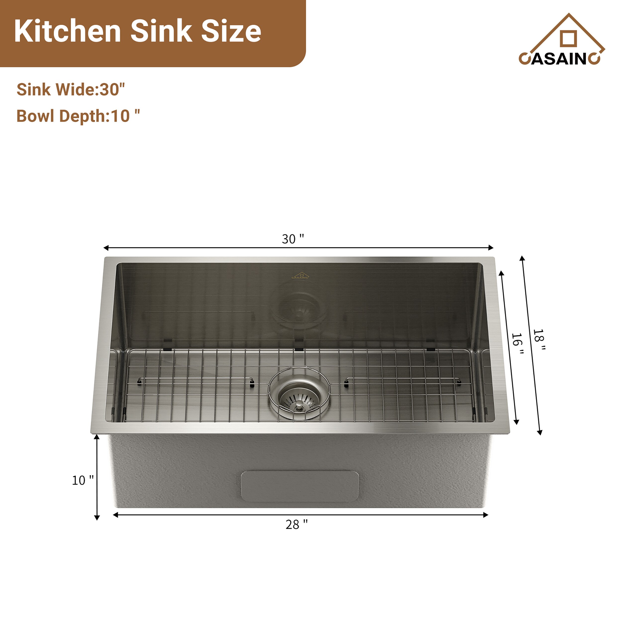 CASAINC Undermount 30-in X 18-in Brushed Stainless Steel Single Bowl ...