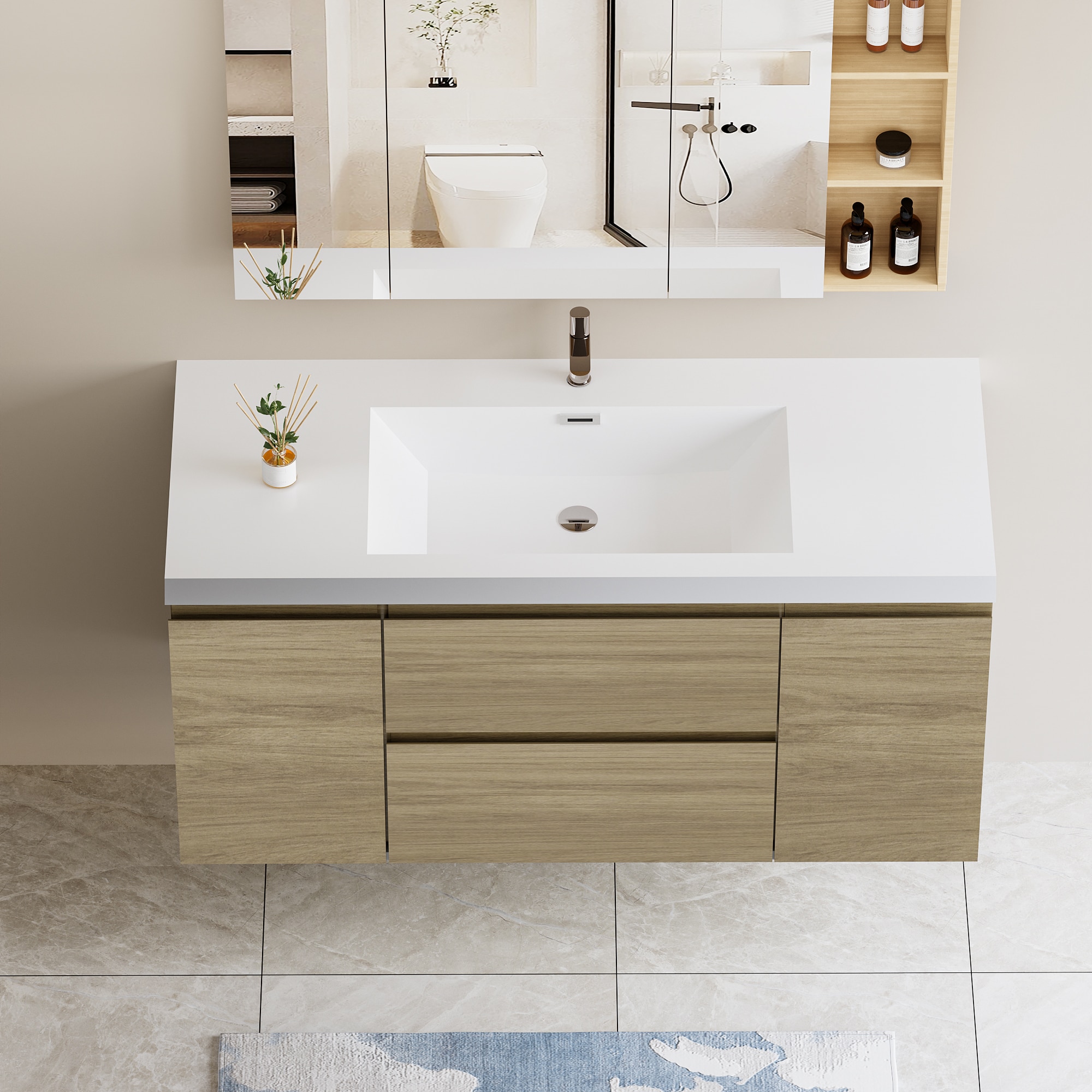 CASAINC MS-20048-CAB-WH-1 48-in Natural Oak Undermount Single sink Floating Bathroom Vanity with White Acrylic Top