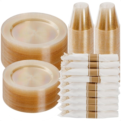 Phewnyzo 350 Piece Gold Glitter Plastic Dinnerware Set for 50 Guests Includes Dinner Plates Dessert Plates Cups Napkins Silverware Disposable