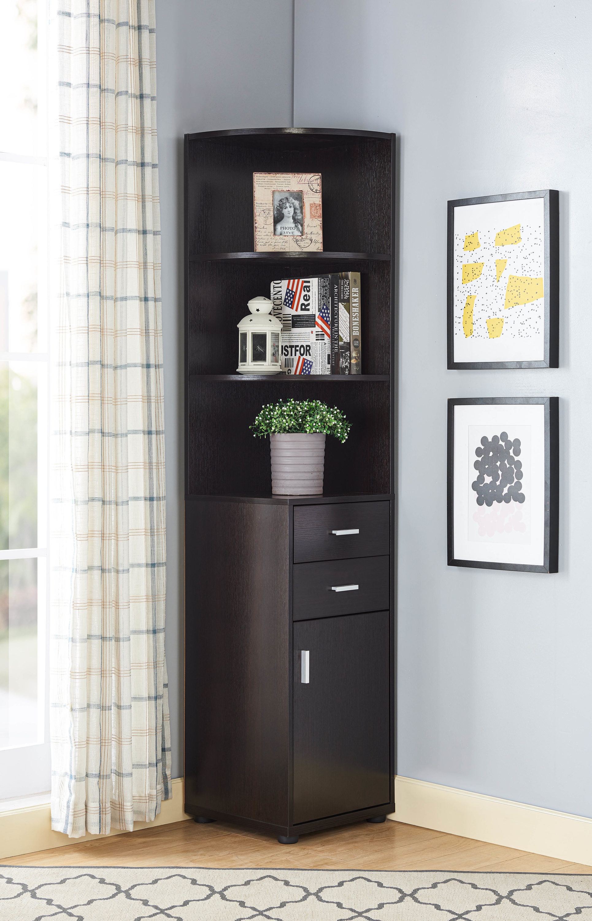 Furniture of America IDI-202681 Spurga Cappuccino Composite 5 -Shelf Corner Bookcase with Doors ( 15.5-in W x 70.75-in H x 15.5-in D ) Finished