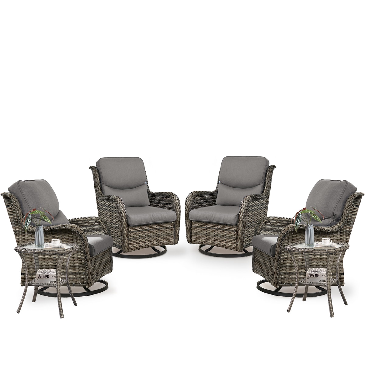 Rilyson FS036XLX2-2 Smiley Set of 4 Wicker Gray Wicker Frame Swivel glider Conversation Chair with Gray Gray Cushioned Seat