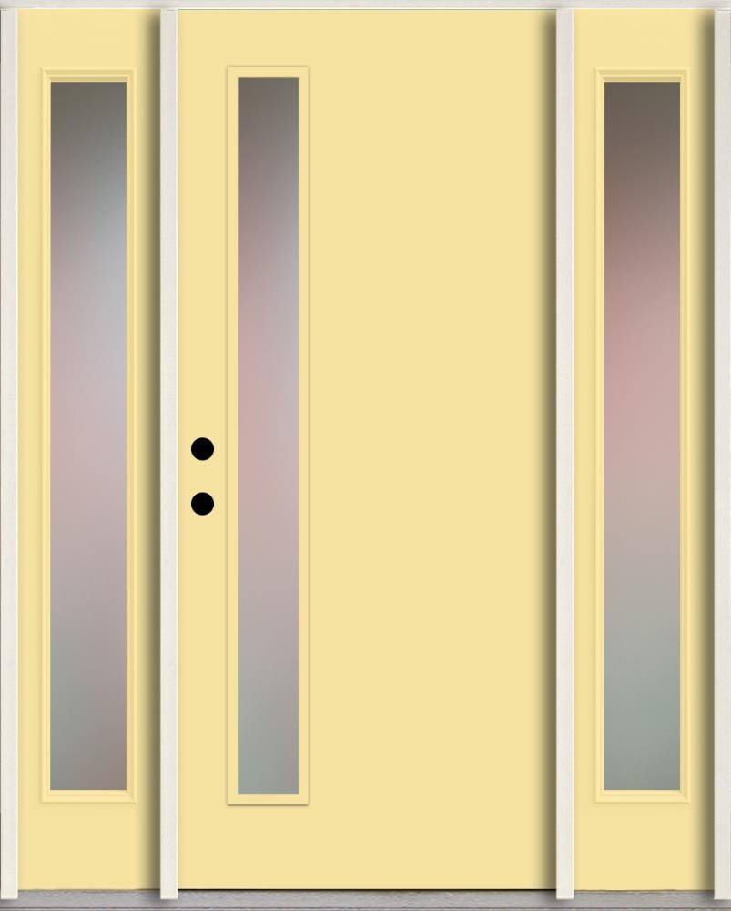 RELIABILT LO1065415 Spotlights 56-in x 80-in x 4-5/8-in Fiberglass 1/4 lite Right-hand inswing Cabana Yellow Paint Painted Prehung Front Door with Sidelights Insulating core