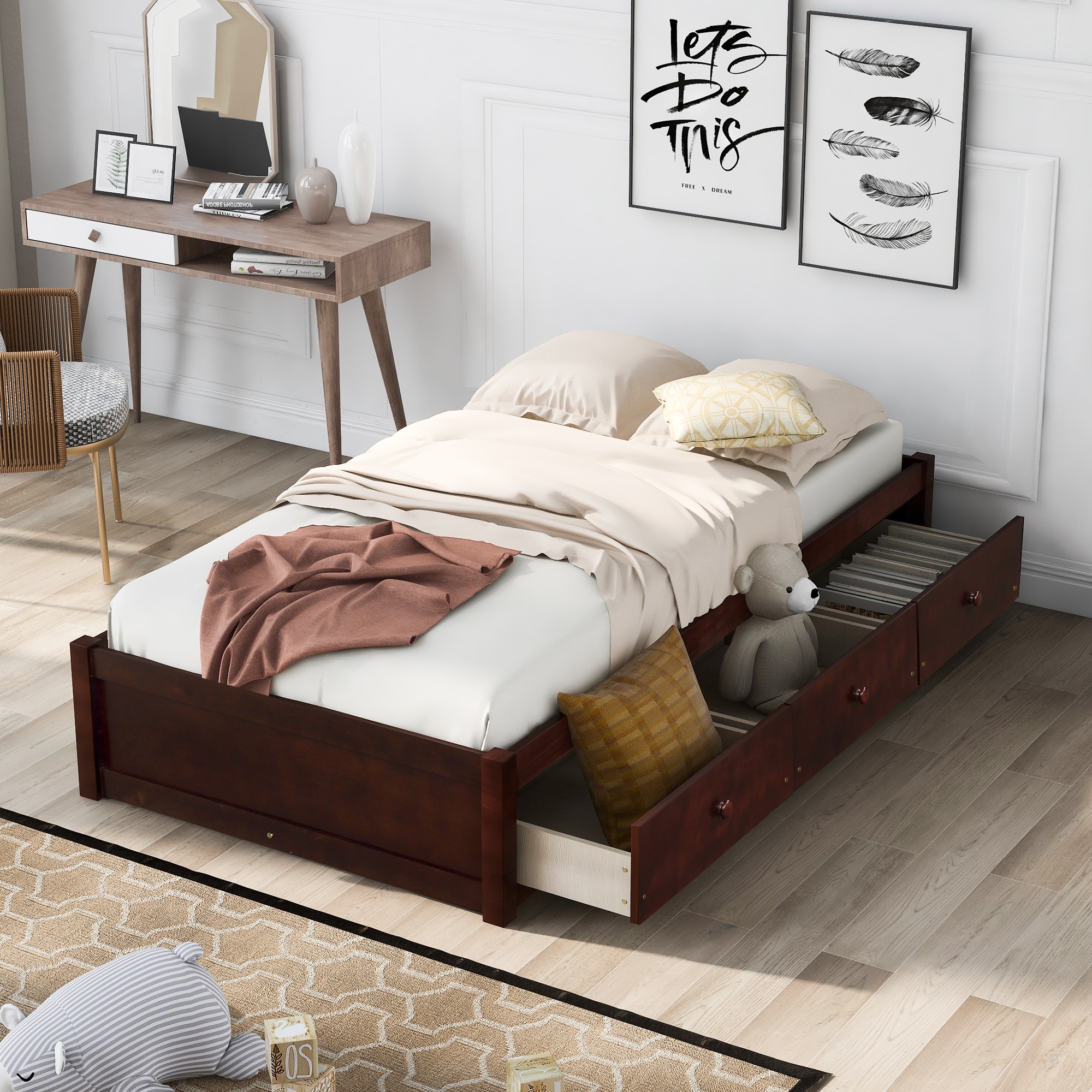 LOVMOR SF-L-WF193634AAD Twin Size Platform Storage Bed with 3 Drawers