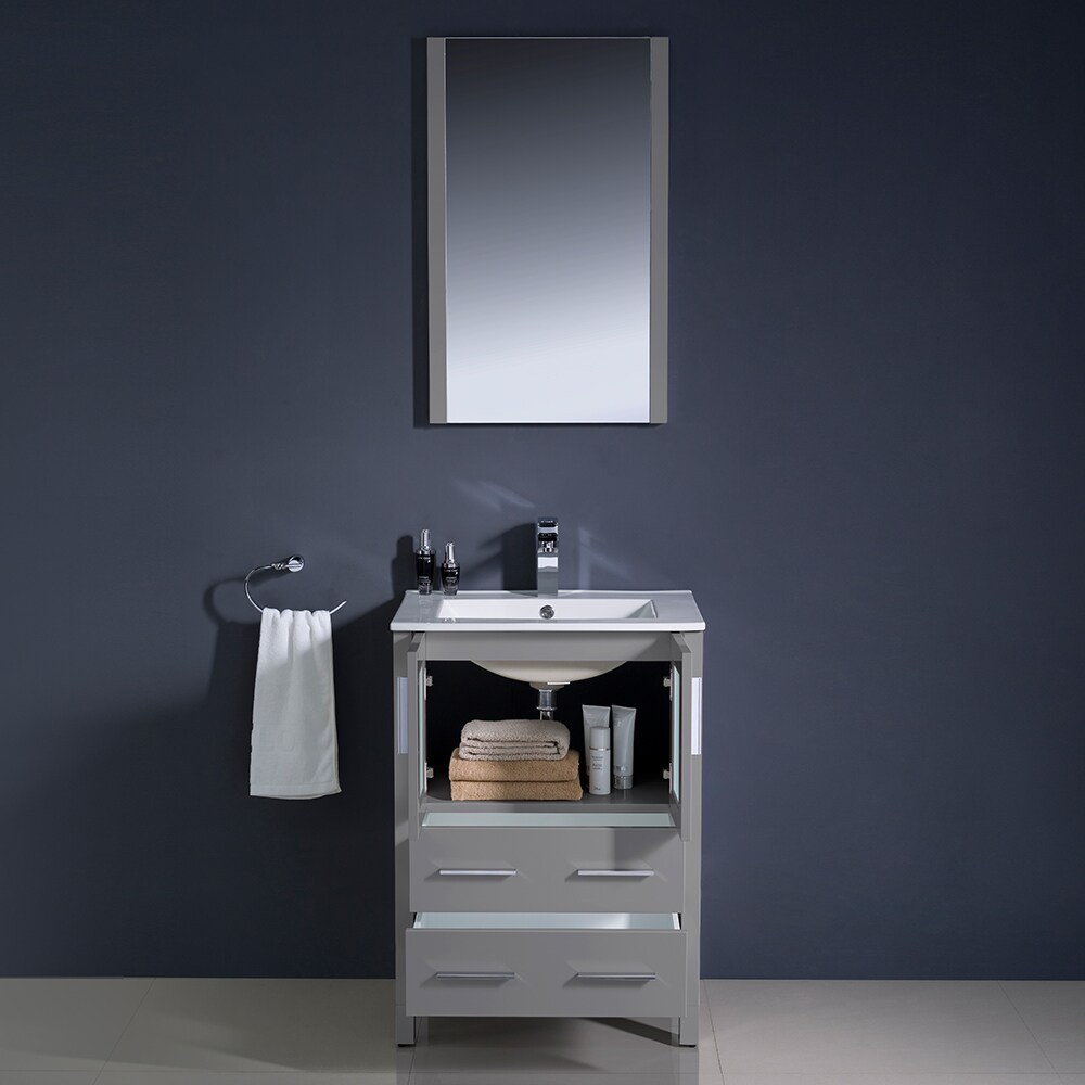 Gray Ceramic and Engineered Wood Single Vanity Set with Mirror