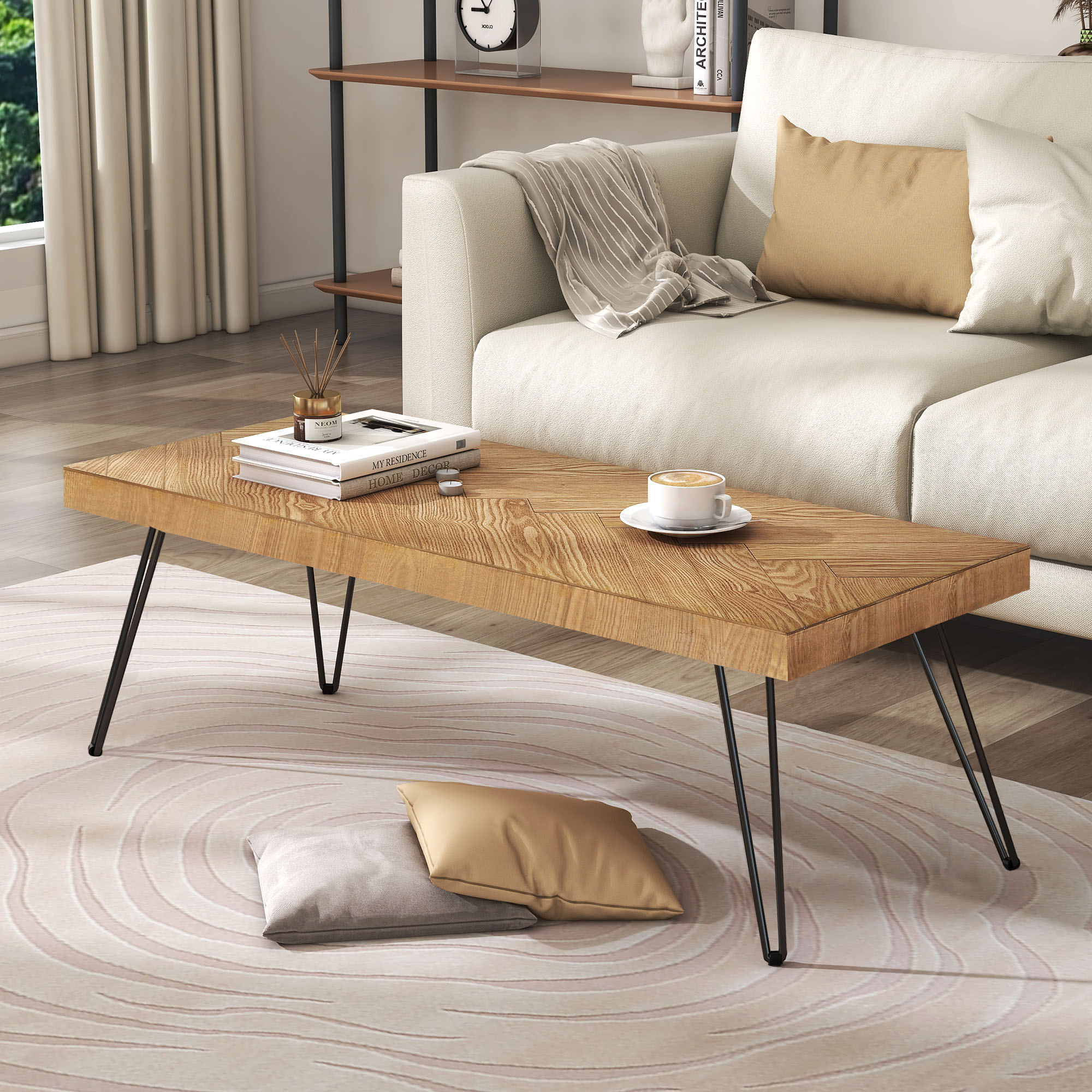 ModernLuxe WF190111AAL Modern Coffee Table Easy Assembly Tea Table Thicken Cocktail Table with wChevron Pattern  Metal Hairpin Legs for Living Room Ash Wood Finished