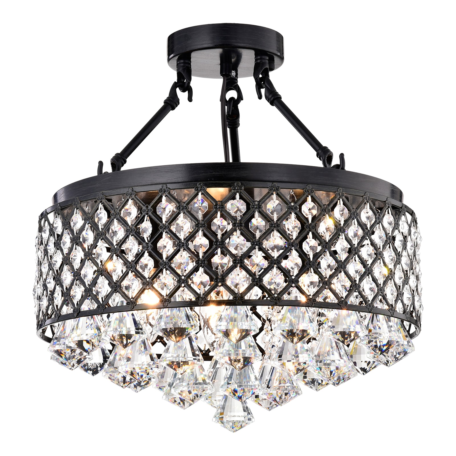 Antique Black Crystal Drum Semi-Flush Mount Chandelier