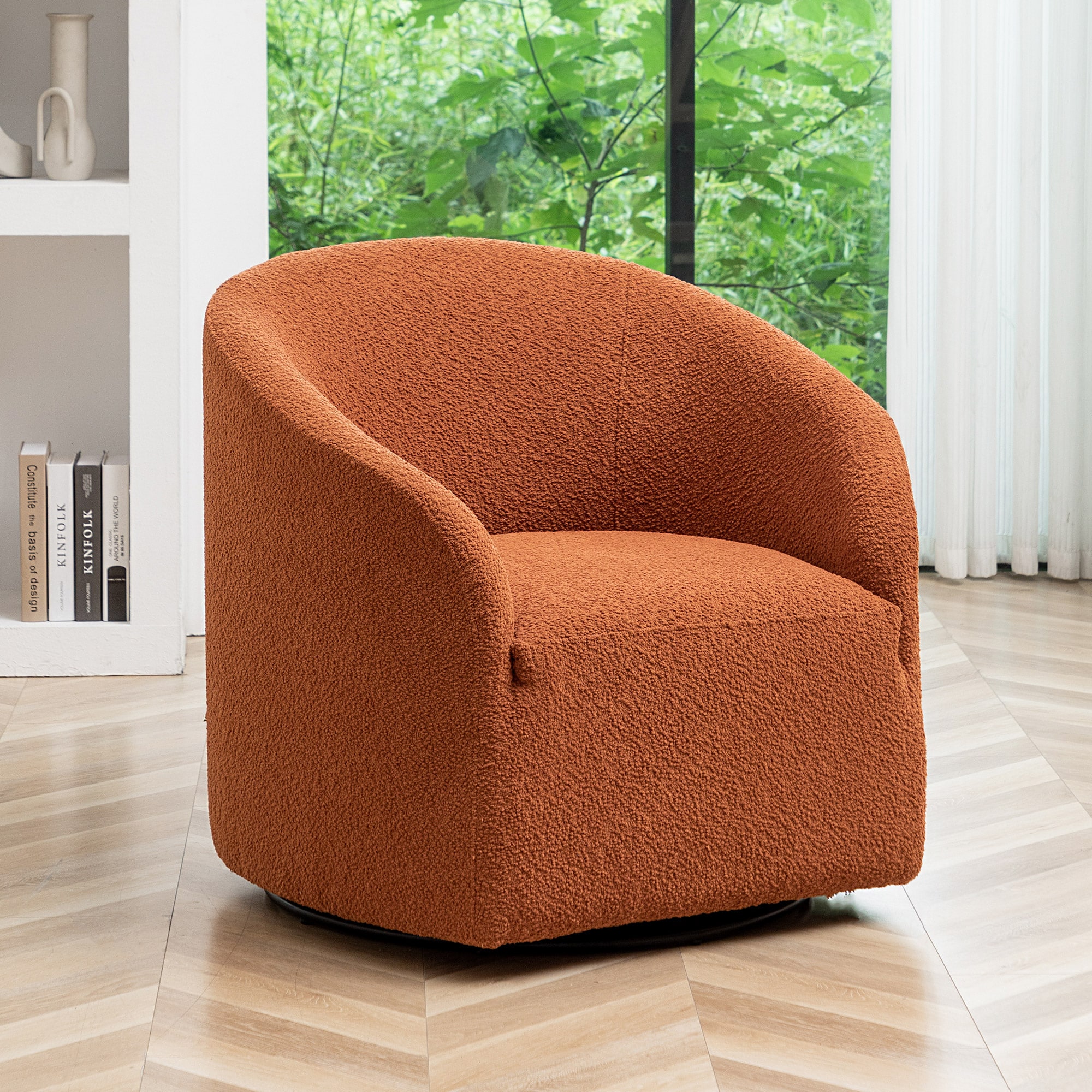 Caramel Boucle Upholstered Swivel Barrel Accent Chair