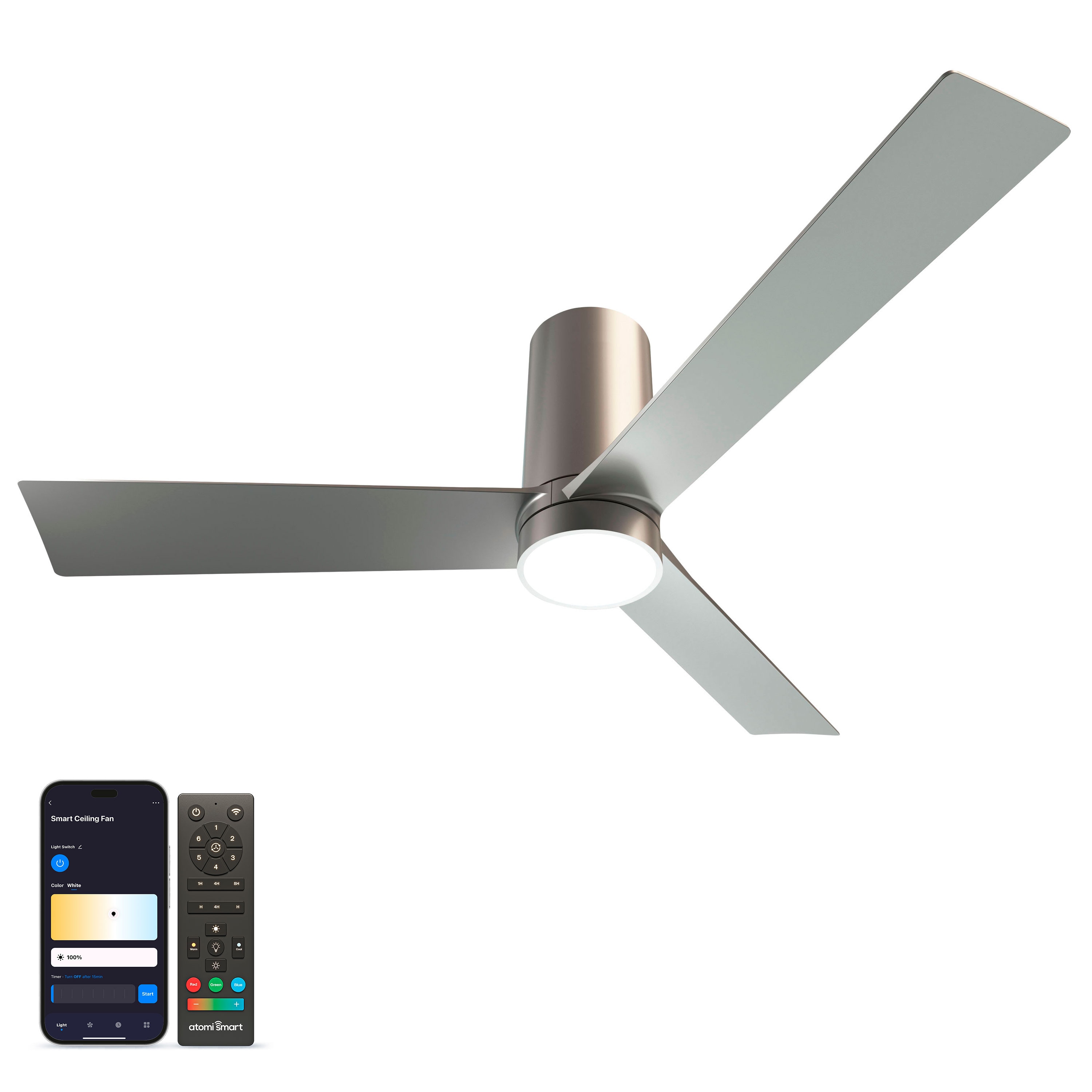 atomi smart AT2480-BS Nouvo 52-in Color-Changing Integrated LED Smart Metallic Silver with Metallic Silver Blades Ceiling Fan With Light - Remote Included ( 3 -Blade )