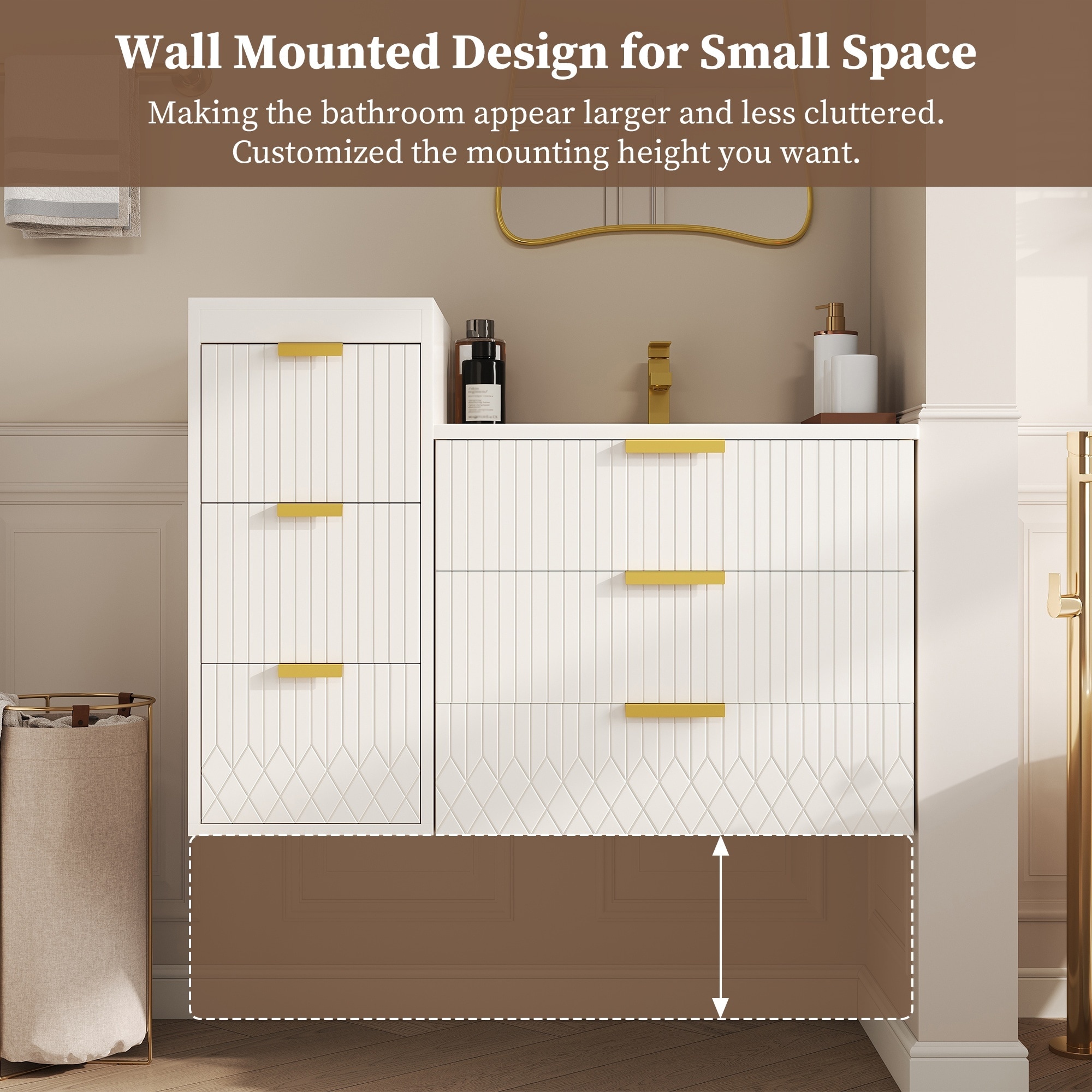 LIVACA 24 inch White MDF and Iron Wall Mounted Floating Bathroom Vanity ...