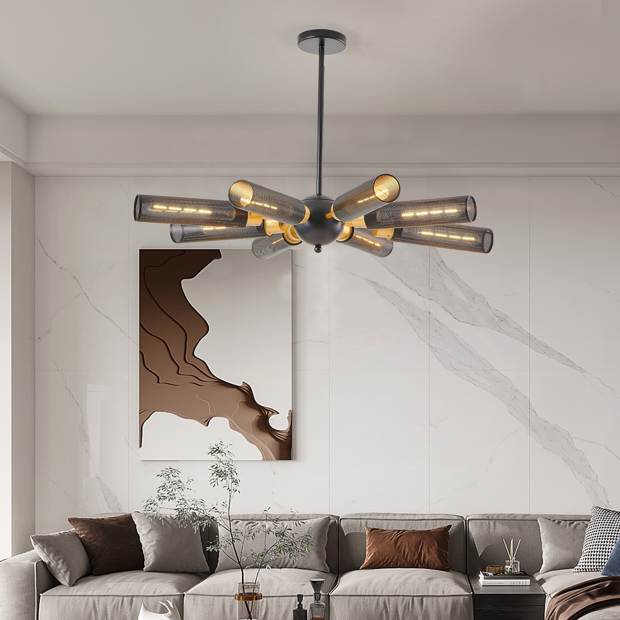 UOI 34 inch Black and Gold Iron Modern Industrial Sputnik Chandelier with 8 Lights and Mesh Shades