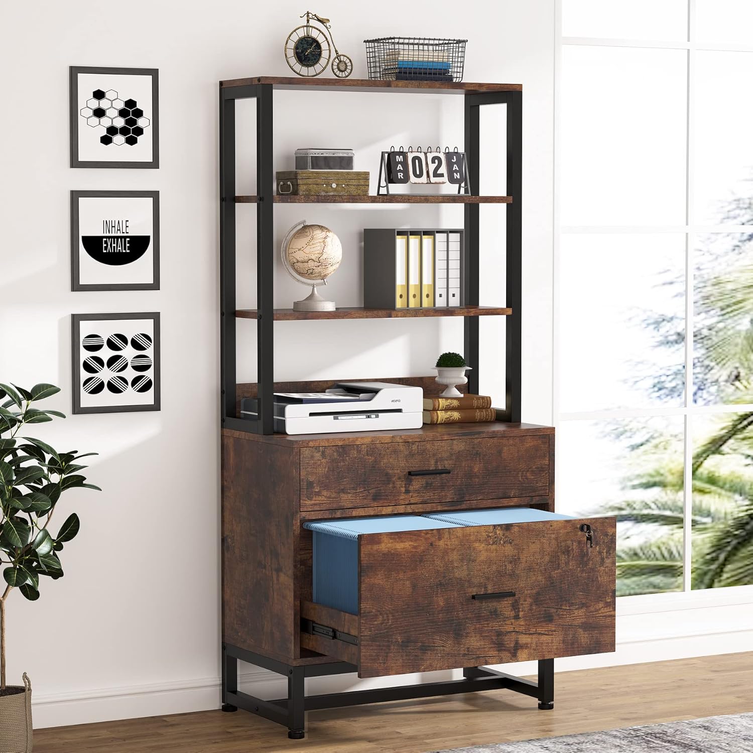 Tribesigns  2 Drawers Lateral File Cabinet with Lock Letter Size Large Modern Filing Cabinet Printer Stand with Open Storage Shelves for Home Office Dark Brown