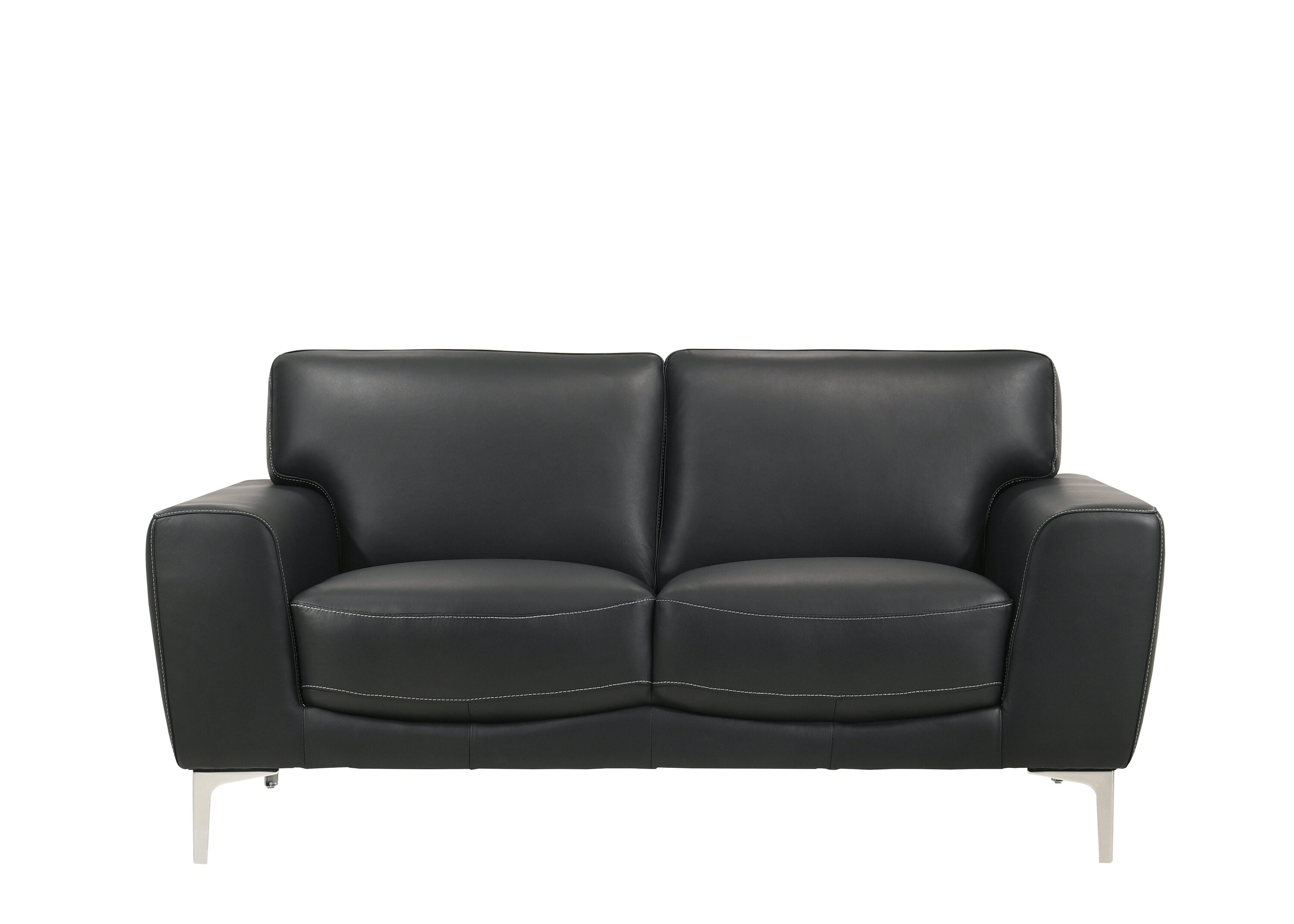 Transitional Carrara Black Leather Loveseat with Metal Legs
