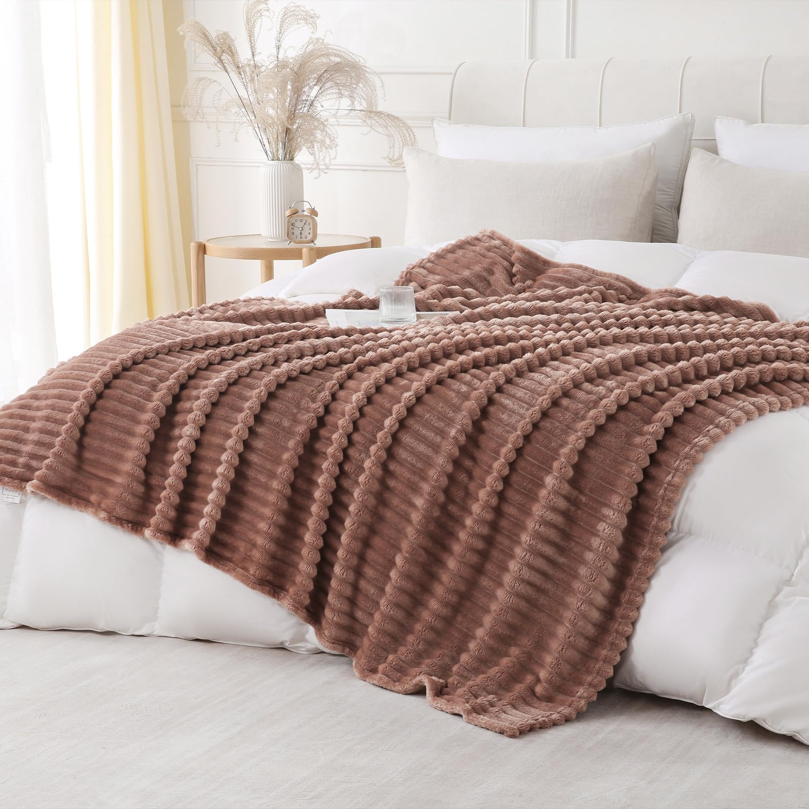 PUPWE Chocolate Throw XL 50x70 inch Soft Fleece Striped Blanket Lightweight Cozy Decorative Home Gift