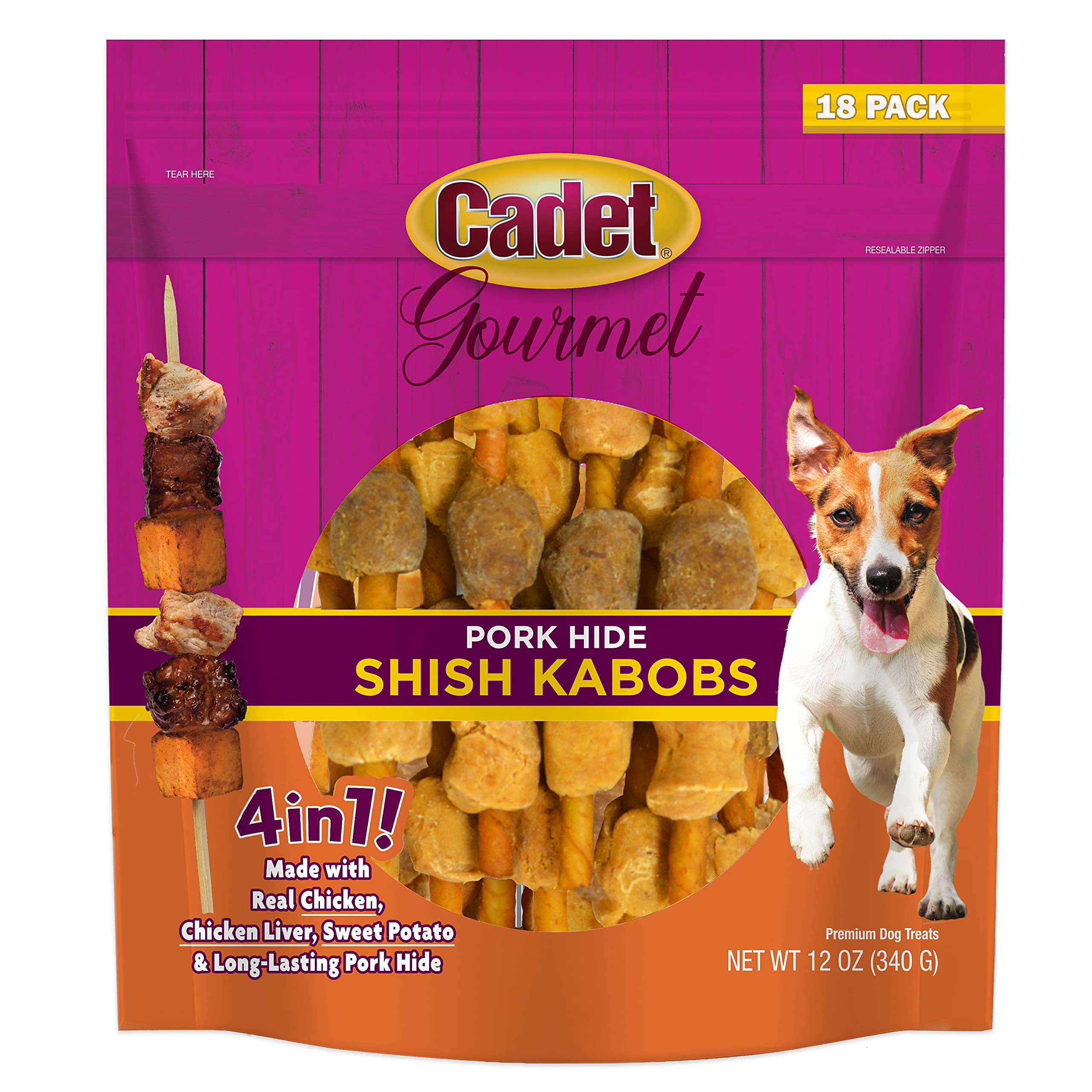 Cadet  Gourmet Shish Kabob No-Rawhide Chews for Small Dogs Chicken  Sweet Potato Wrapped Pork Hide 5-Inch 18 Count