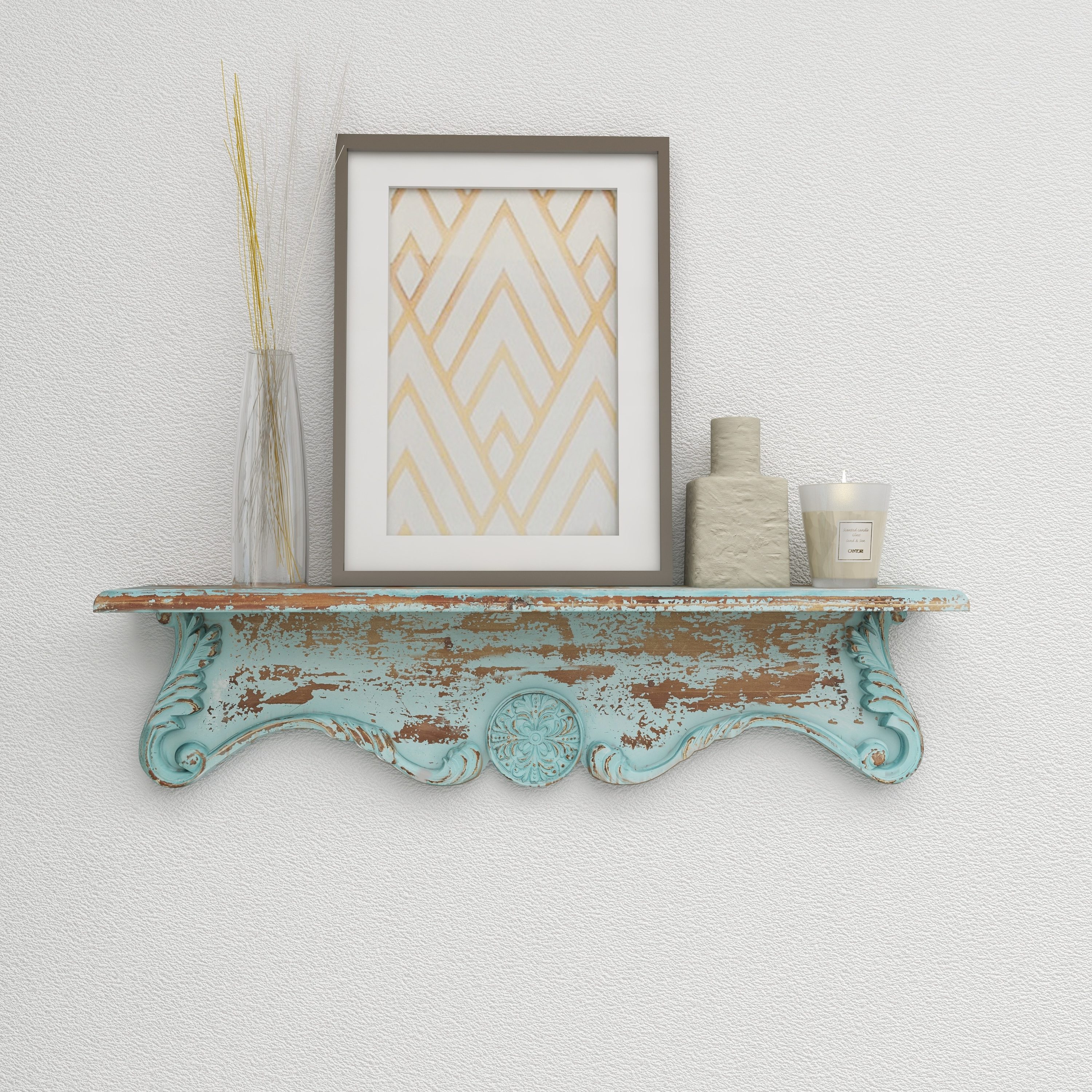 Grayson Lane 18156 32-Inches L x 4-Inches D x 8-Inches H Blue 1 Shelf Scroll Wood Rectangular Floating shelf